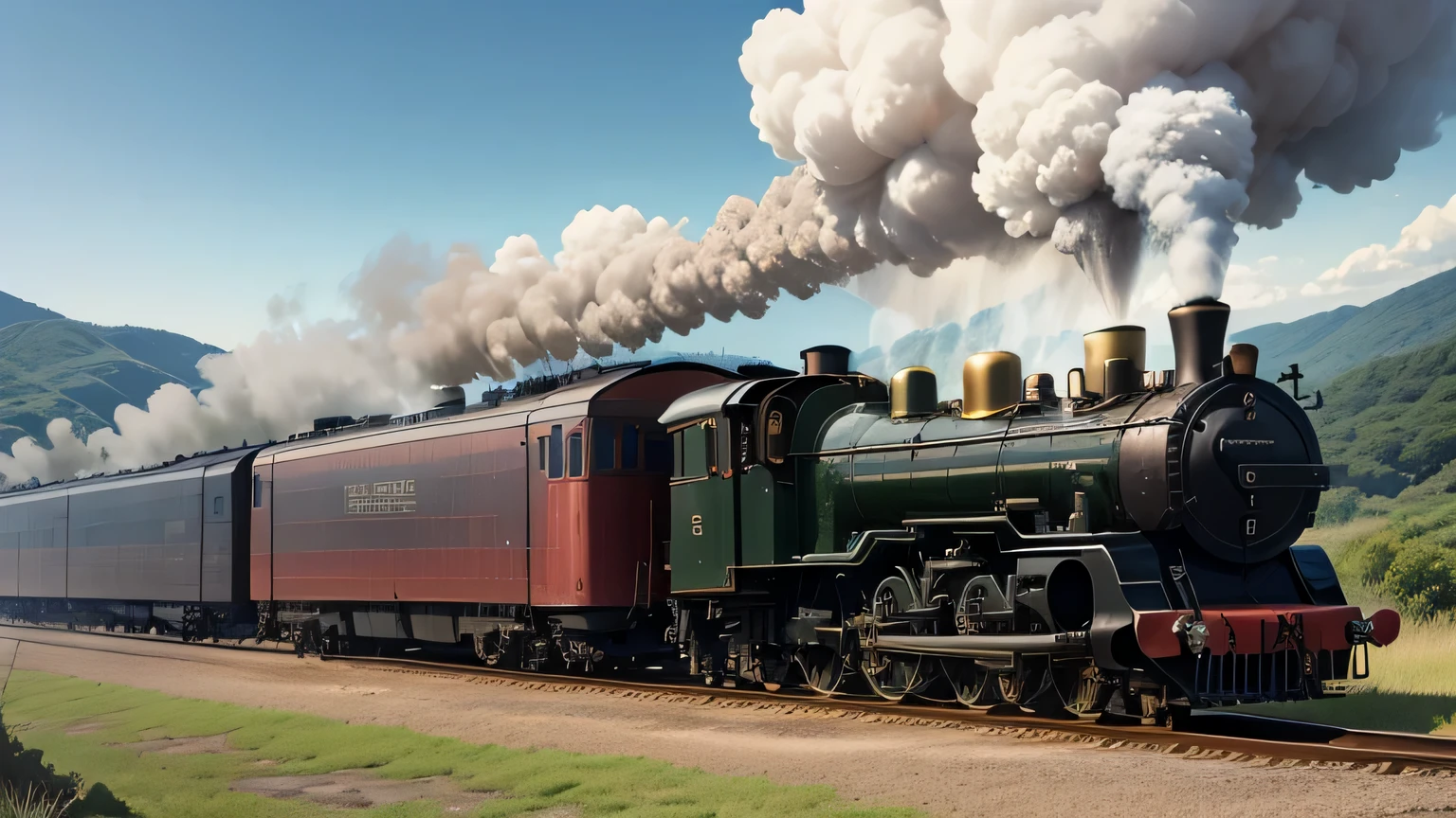 Showa steam locomotive、black steam locomotive、SL、run through the countryside、cigarette、D-51, masterpiece, 最high quality, high quality, High resolution,