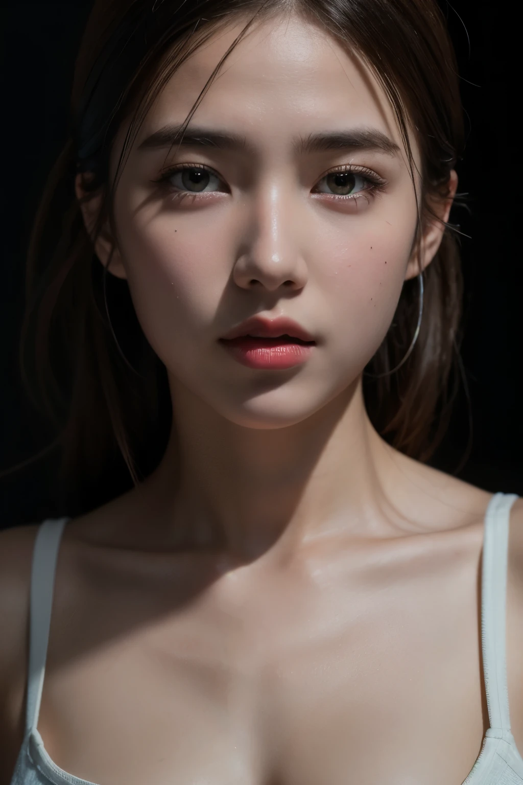 Best quality, masterpiece, ultra high res, (photorealistic:1.4), raw photo, 1girl, offshoulder, in the dark, deep shadow, low key, cold light