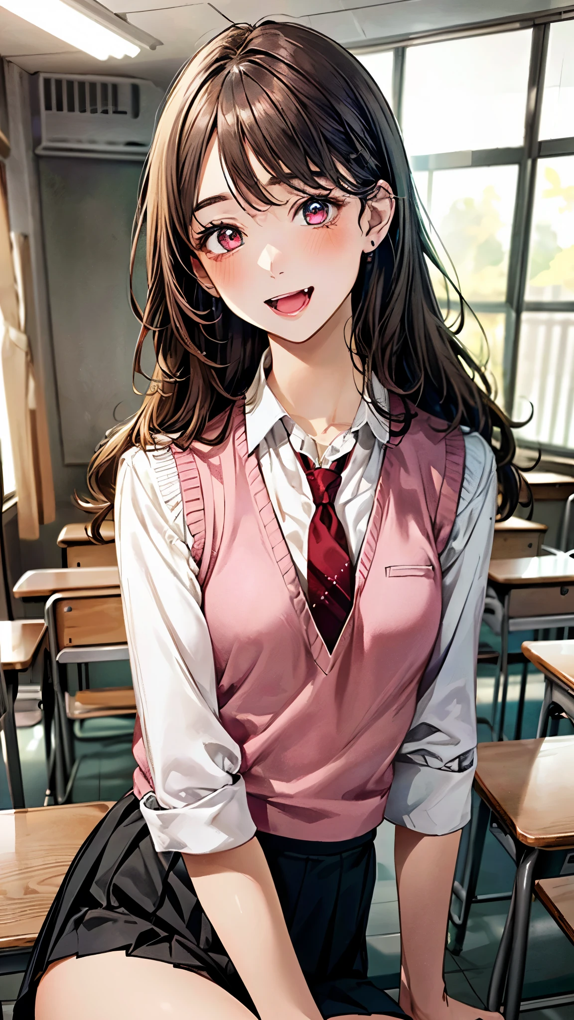 (masterpiece:1.3, top-quality, ultra high res, ultra detailed), (realistic, photorealistic:1.4), beautiful illustration, perfect lighting, natural lighting, colorful, depth of fields,
beautiful detailed hair, beautiful detailed face, beautiful detailed eyes, beautiful clavicle, beautiful body, beautiful chest, beautiful thigh, beautiful legs, beautiful fingers,
looking at viewer, (face focus, upper body), 1 girl, japanese, sculpture model, perfect face, (perfect anatomy, anatomically correct), cute and symmetrical face, babyface, , shiny skin,
(long hair:1.7, straight hair:1.0, rosy brown hair), swept bangs, gold eyes, big eyes, slant eyes, long eye lasher, fang, (medium breasts:1.6, tight butt, seductive thighs), slender,
((black blazer, (shocking pink knit vest,) collared white shirt, black pleated skirt, red tie)), black school socks,
(beautiful scenery), morning, (classroom, chalkboard, window, ceiling light, curtains), sitting school desk, (eatting melon bread), (seductive smile, open mouth small),