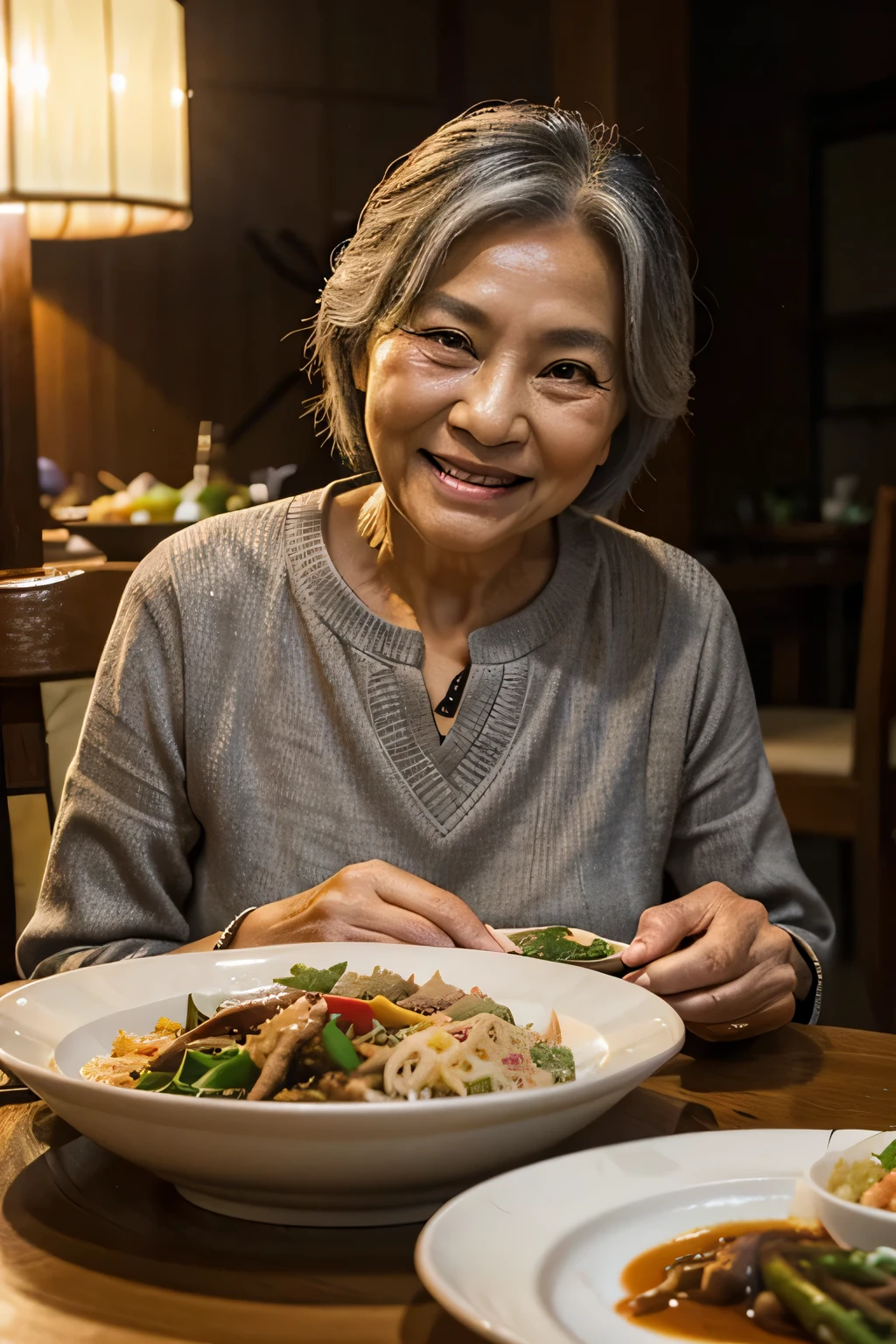 A photorealistic elderly Asian woman with wrinkled skin, gray hair, and a radiant smile on her face, sitting at a dining table filled with various Thai dishes. The grandmother should appear joyful and content, as she is about to enjoy a delicious meal. The setting is a cozy, well-lit room that enhances the warmth and happiness of the scene. Please ensure the food's colors and textures vividly represent Thai cuisine's diversity and richness.