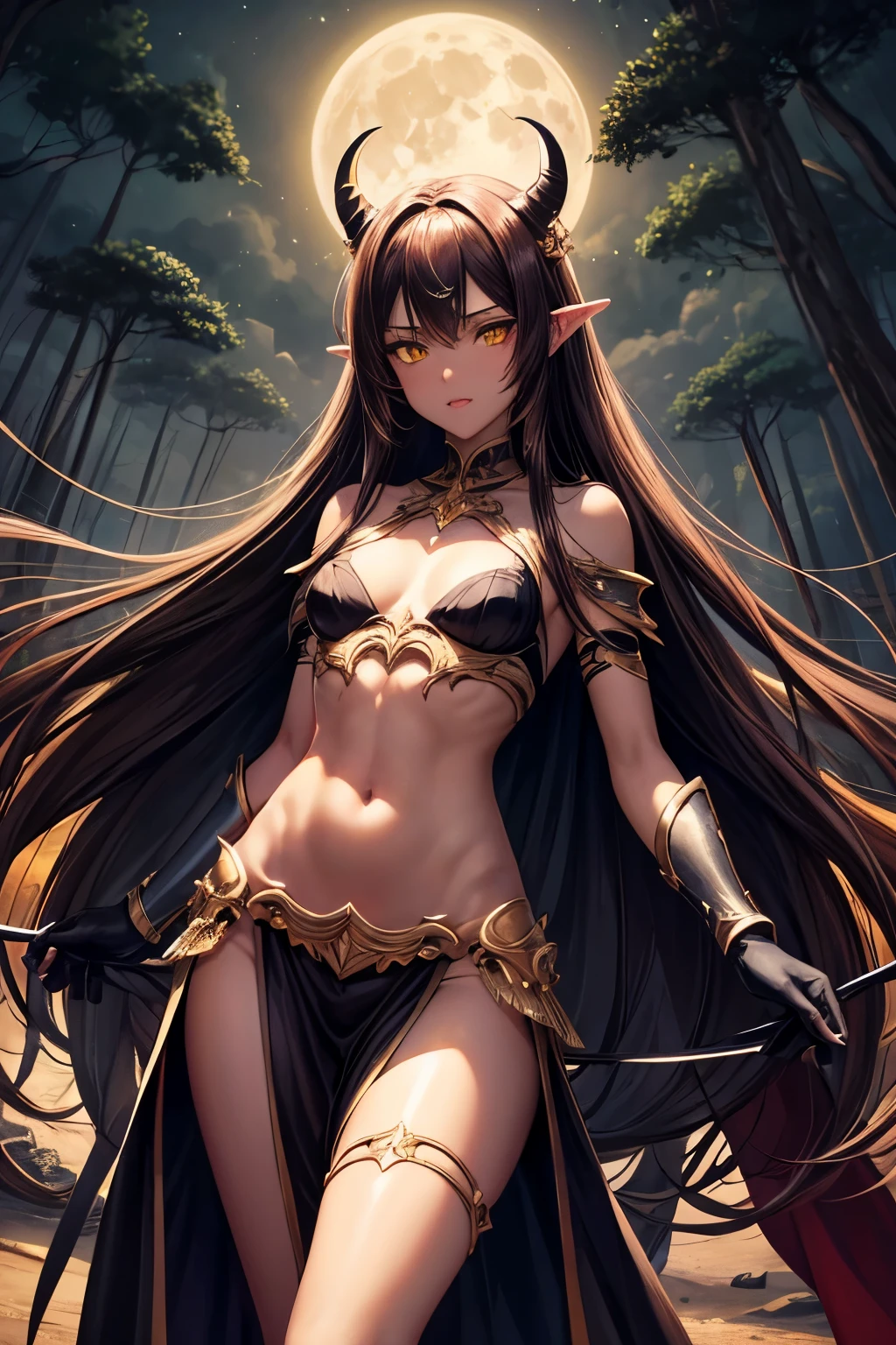 best quality, nsfw, extremely beautiful, beautiful face, long straight brown hair, yellow eyes, (Shiny dark red skin : 1.3), skinny, small breast, Demon horns, revealing dark armor, bare thigh, bare shoulder, long gloves reaching up to the shoulder, dark cape, gemstone encased in armor, in a dark forest at night, moon in background