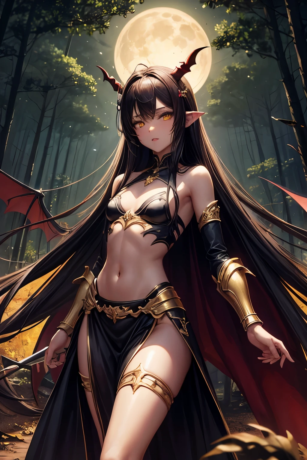 best quality, nsfw, extremely beautiful, beautiful face, long straight brown hair, yellow eyes, (Shiny dark red skin : 1.3), skinny, small breast, Demon horns, revealing dark armor, bare thigh, bare shoulder, long gloves reaching up to the shoulder, dark cape, gemstone encased in armor, in a dark forest at night, moon in background