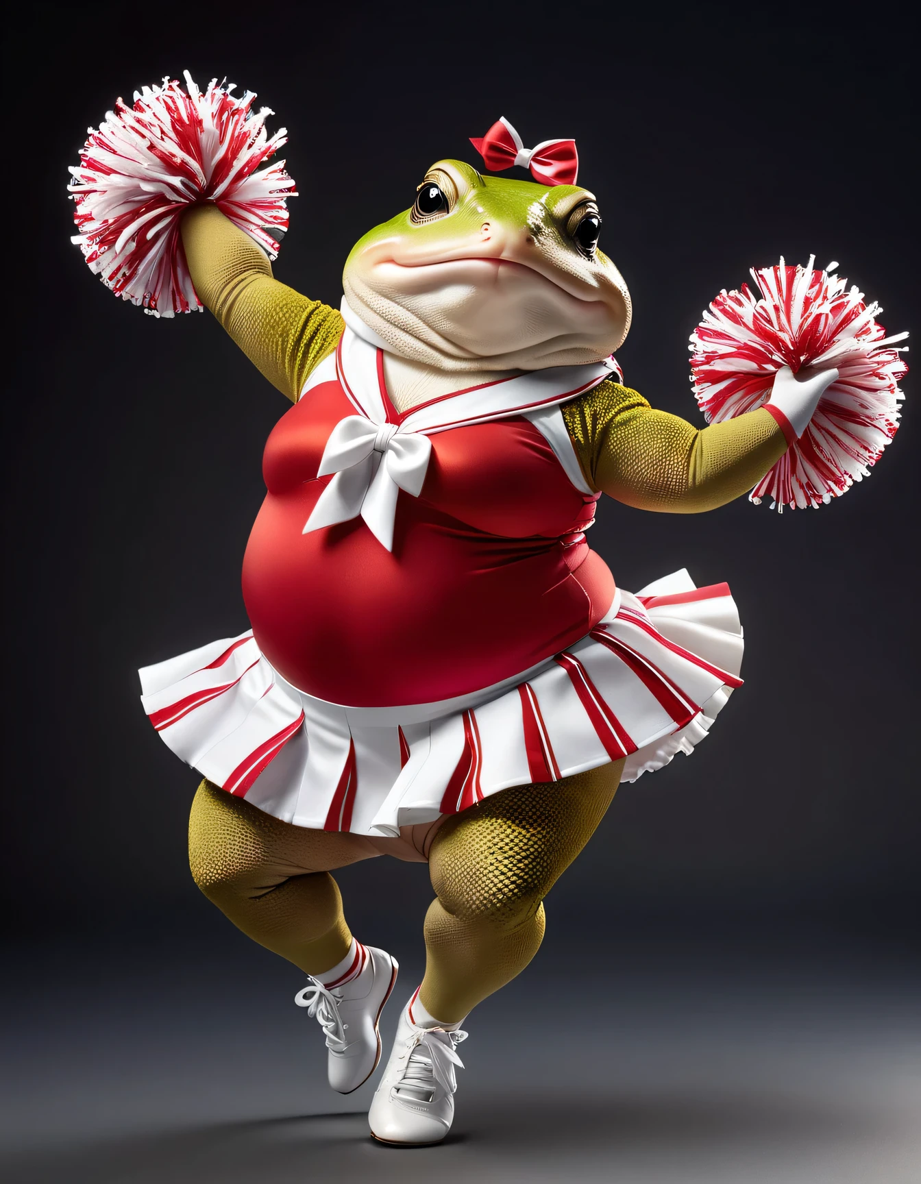 photorealistic portrait of Dressed animals - a ((fat)) toad cheerleader,(cheer dancing:2.0),(jumping:2.0), high quality,(lovely) ,intricate details, highly detailed ((cheer costume)) ,highly detailed cheer clothes, holding pom-pom ,(passion) , highly detailed decorations, (happy), studio lighting,(full body image:1.5)