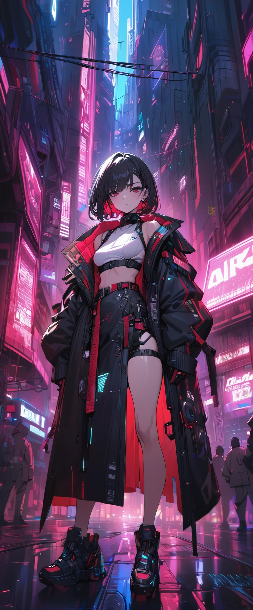 a pretty woman, shorthair, belt, black hair, black long coat, dark red eyes, cyberpunk, cool, ultra detailed, 8k, masterpiece