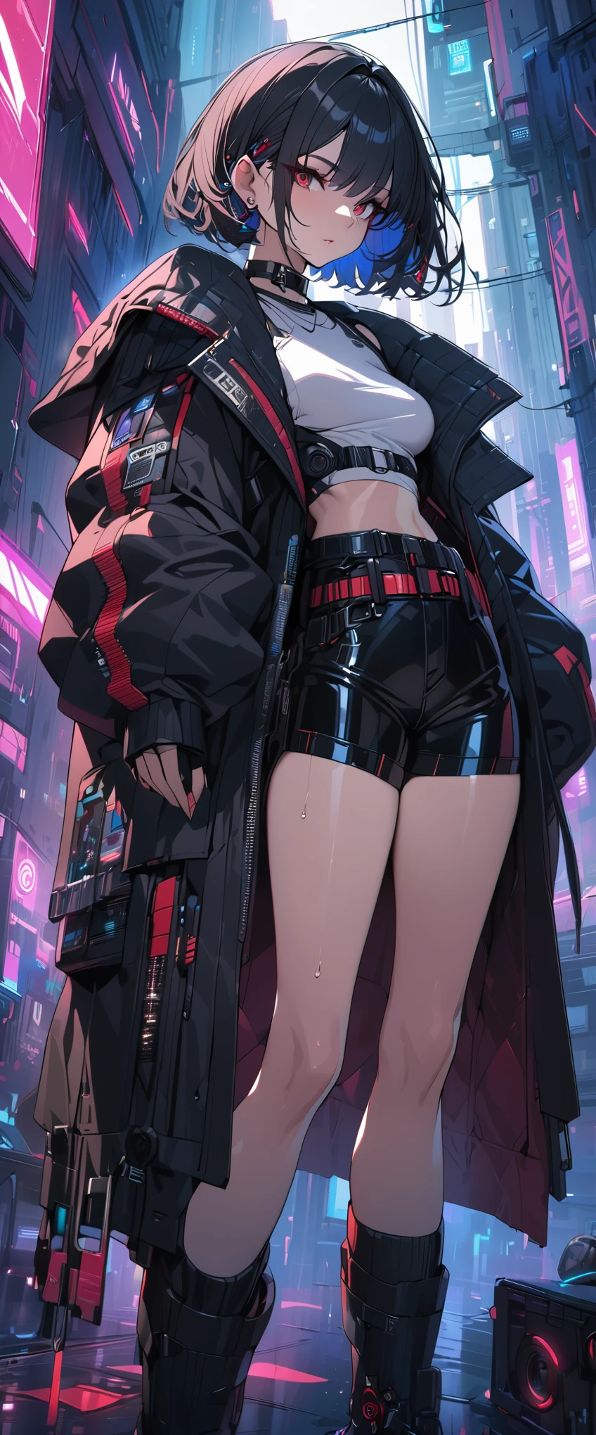 a pretty woman, shorthair, belt, black hair, black long coat, dark red eyes, cyberpunk, cool, ultra detailed, 8k, masterpiece
