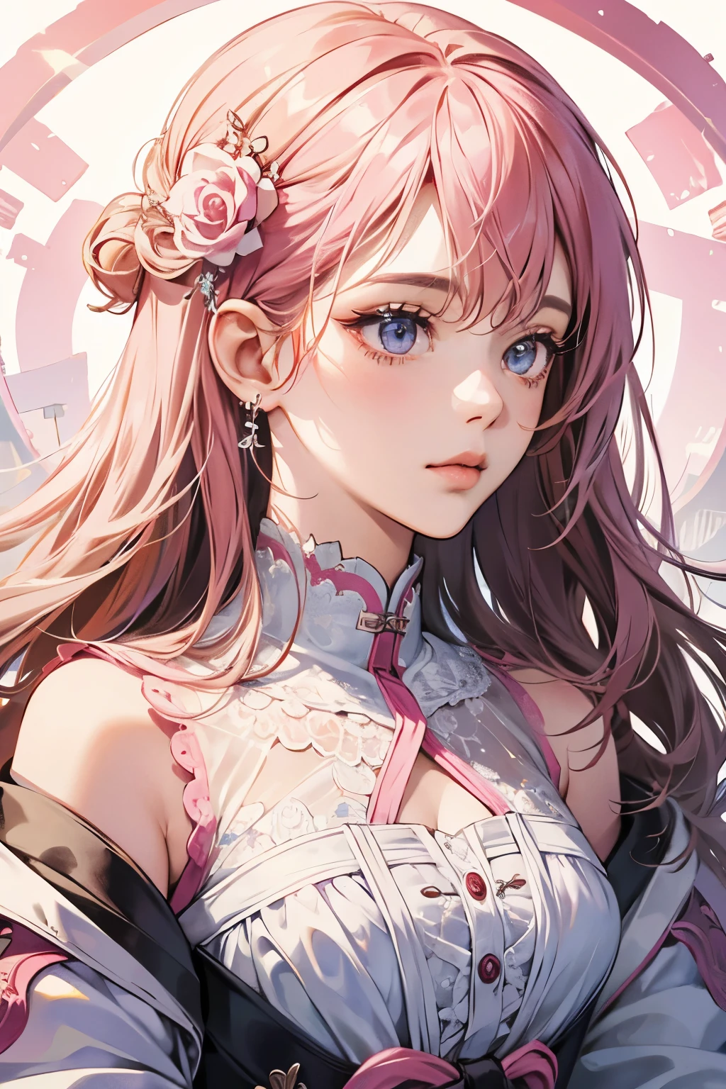 (Absurd, High Resolution, Ultra Detailed), 1girl, Solo, Very Detailed Eyes, (Official Art, Beauty and Aesthetics: 1.2), (Fractal Art: 1.3), White Pink Color Scheme, Most Detailed