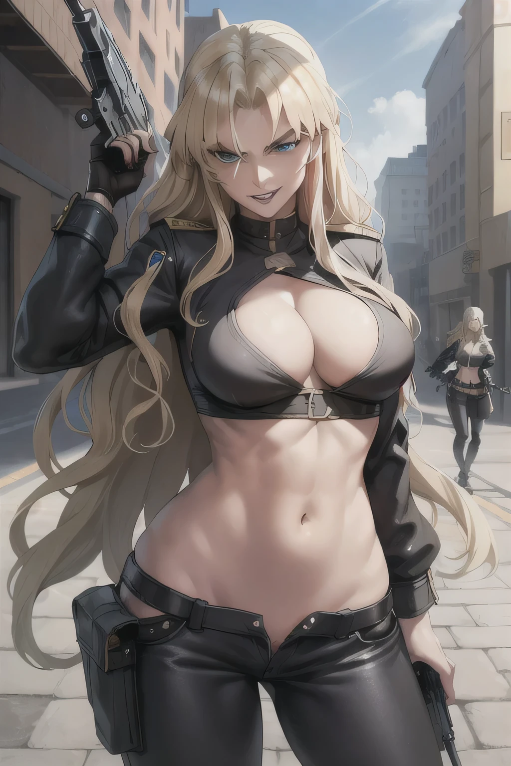 balalaika, blonde hair, long hair, 1girl, mole under eye, blue eyes, blonde hair, masterpiece, best quality, highly detailed, a girls with a gun, evil smile , open mouth, y gaze, badass
pose , evil smile, smile, (nsfw) not safe for work, guns blazing, anime girl with long hair, beautiful long
haired girl, navel, evil expression, exposed belly, exposed navel, exposed midriff, exposed lower belly,
long black pants, crop top, clenbuttoned leather pants ,open fly, low rise black leather pants,
leather jacket, holding a gun, outdoor,street,road