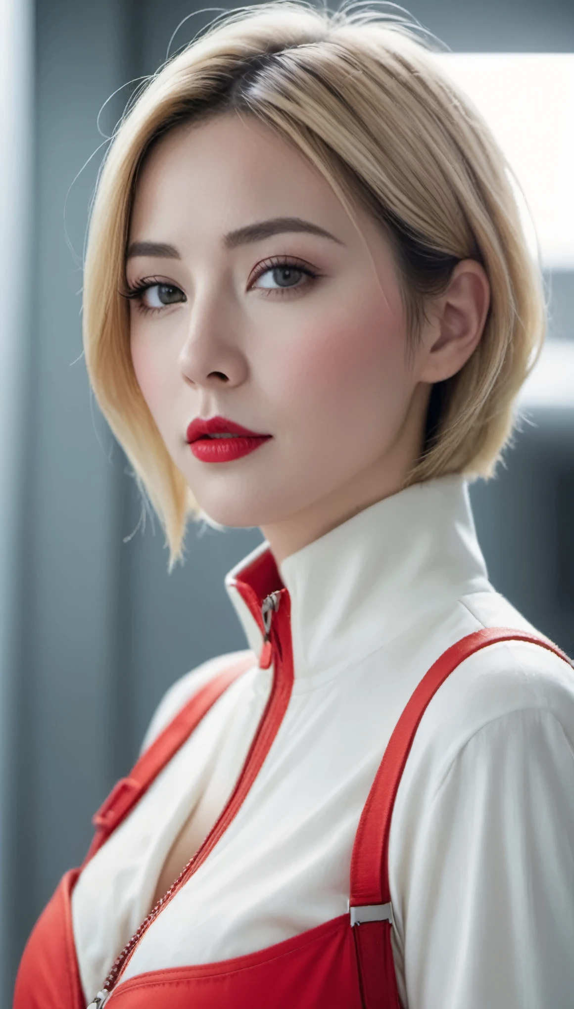 (((surreal woman)))、((very beautiful 30 year old white woman))、(((big cleavage)))、future female pilots、
short hair、blonde mature、Chubby body type、beautiful expression、fine scarlet eyes、stay on a huge space station、red lips、((wear a red flight suit))、(((alone)))、