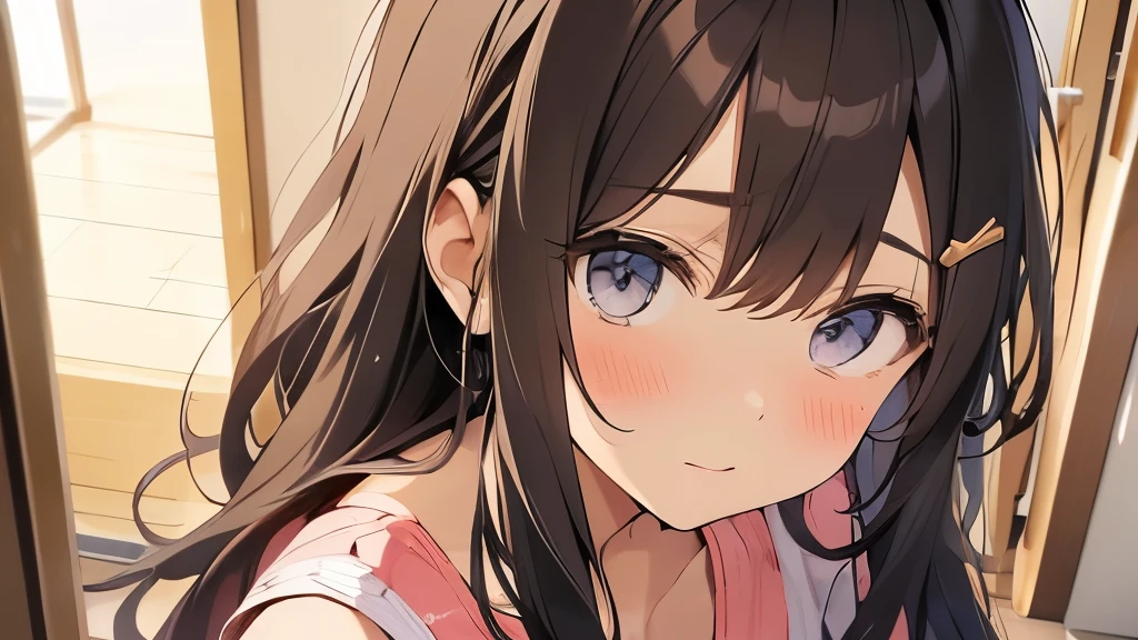 22 year old woman、one's home、hair is brown、long hair、fluffy feeling、chest is big、entrance、very cute、carrying food、tying hair、close up of face、