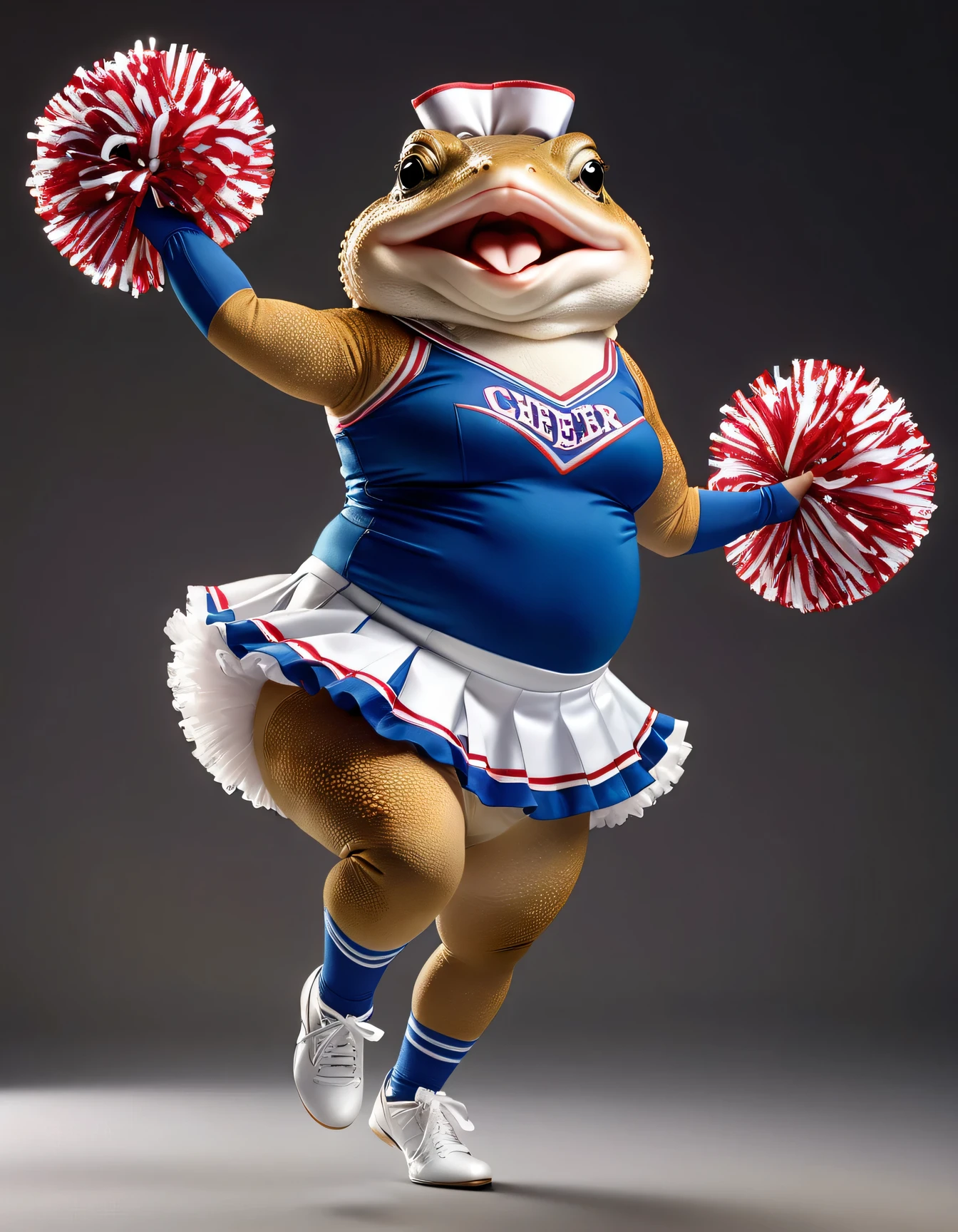 photorealistic portrait of Dressed animals - a ((fat)) toad cheerleader,(cheer dancing:2.0),(dynamic action:2.0), high quality,(lovely) ,intricate details, highly detailed ((cheer costume)) ,highly detailed cheer clothes, holding pom-pom ,(passion) , highly detailed decorations, (happy), studio lighting,(full body image:1.5)