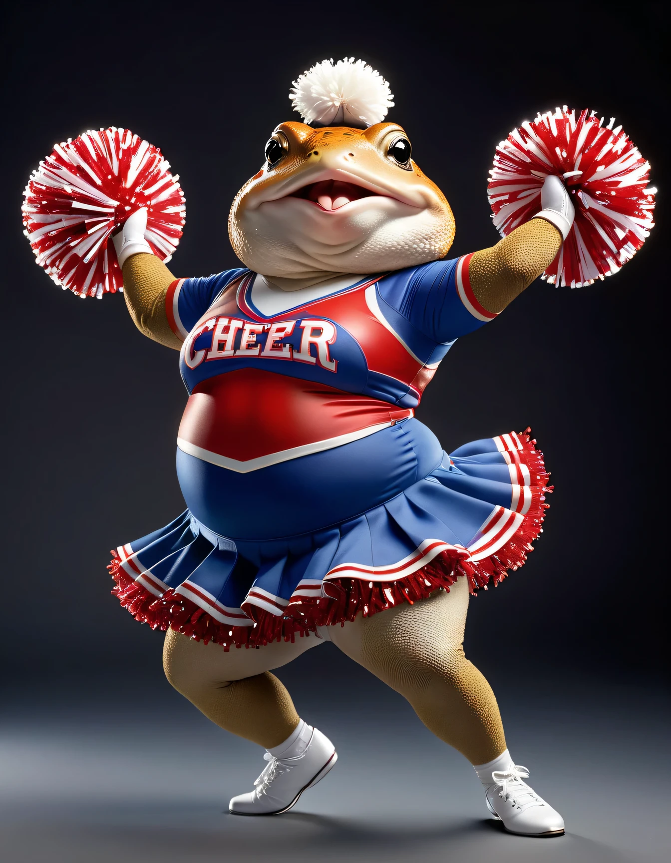 photorealistic portrait of Dressed animals - a ((fat)) toad cheerleader,(cheer dancing:2.0),(dynamic action:2.0), high quality,(lovely) ,intricate details, highly detailed ((cheer costume)) ,highly detailed cheer clothes, holding pom-pom ,(passion) , highly detailed decorations, (happy), studio lighting,(full body image:1.5)