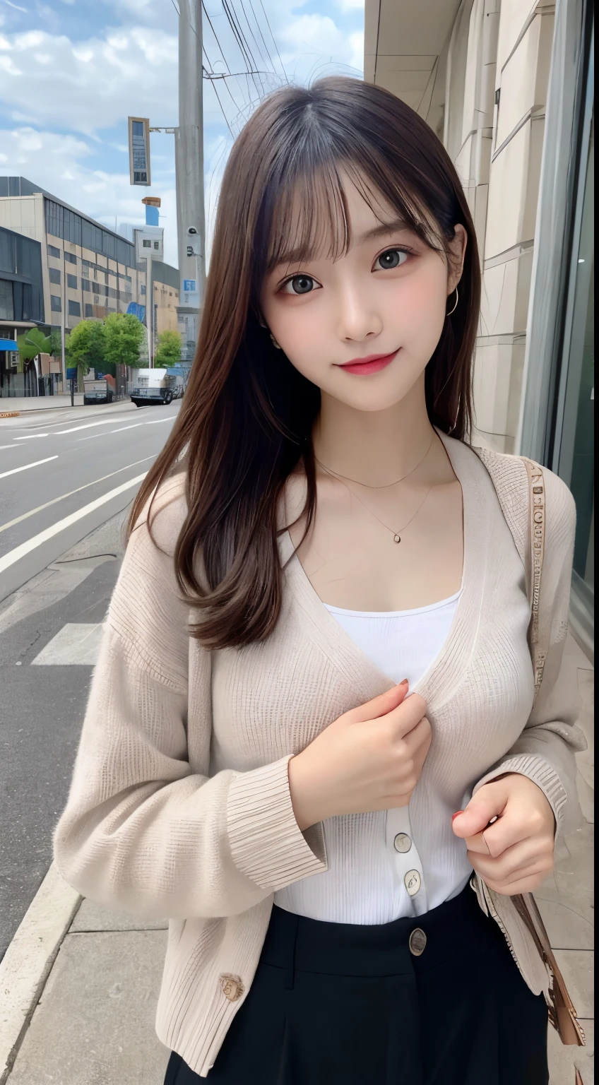 table top, highest quality, shape, Super detailed, finely, High resolution, 8k wallpaper, 完璧なダイナミックな構shape, beautiful and detailed eyes, small breasts, natural color lip, random sexy pose,smile,big city、20 year old girl、Beautiful and dense face、perfect and beautiful face,Big eyes、real photos(best image quality),cute face、cute、cardigan、shirt、half slacks pants