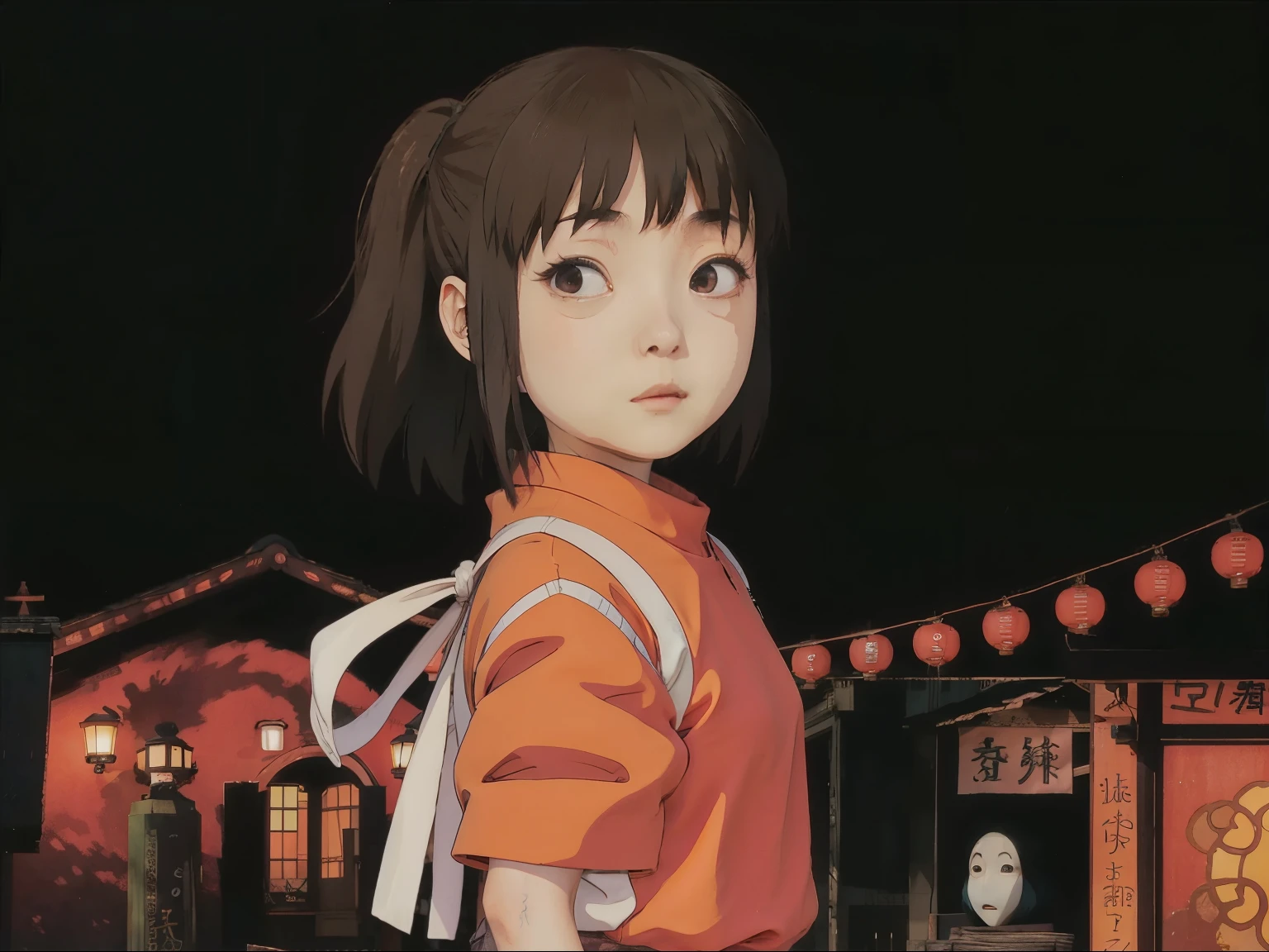 a close up of a japanese girl standing in front of a building, ghibli spirited away vibe, spirited away, style inhyper realisrtic, close up of lain iwakura,