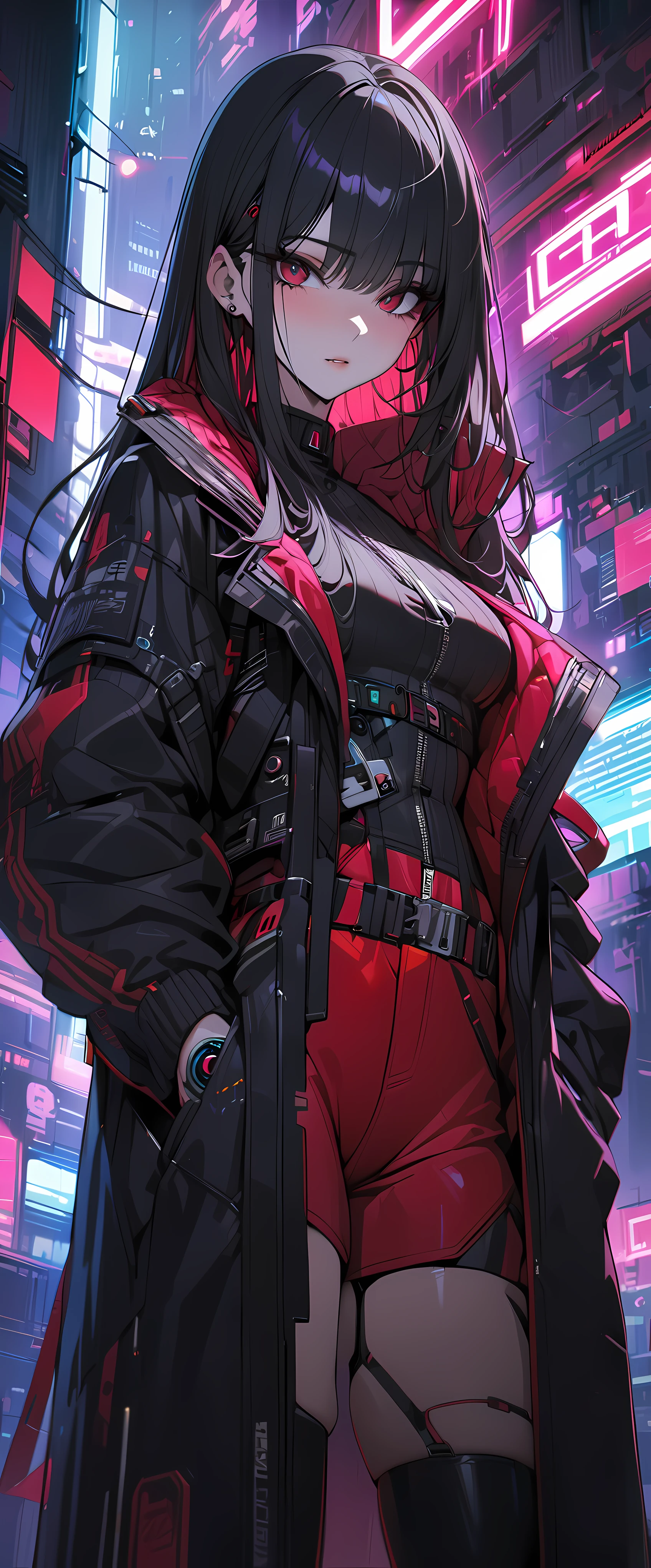 Beautiful woman, long hair, belt, black hair, black long coat, dark red eyes, cyber punk, nice, super detailed, 8K, masterpiece