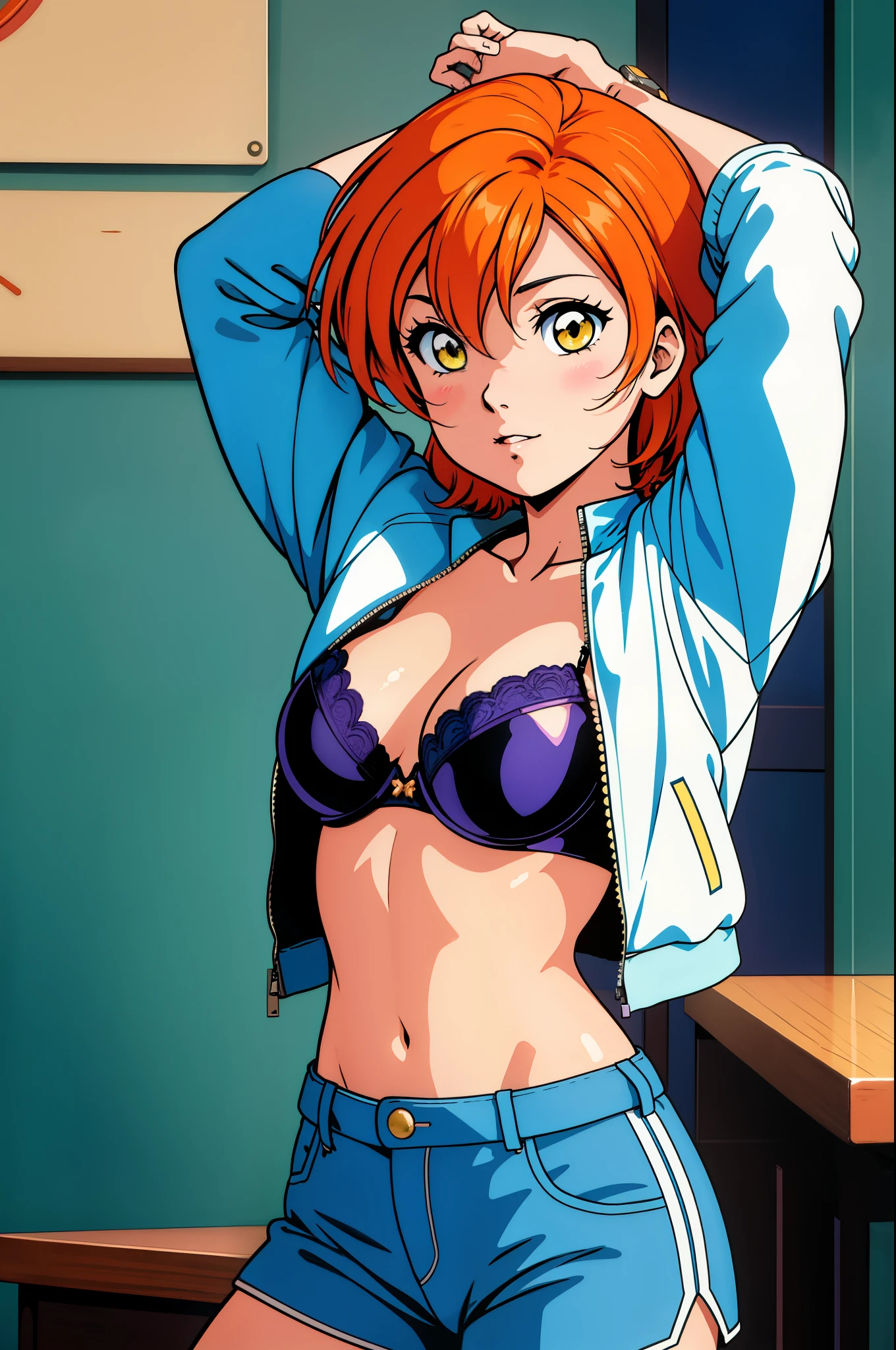 (Masterpiece, Best Quality, High Quality), facing viewer,volumetric lighting, illustration, beautiful, tight , Blushing, looking at viewer, blue leather bra top, blue leather small jacket, blue leather shorts,solo, posing for picture, seductive, perfect lighting, perfect shadows,Hoshizora rin, orange hair, yellow eyes ,1980s \(style\),arms up behind head 