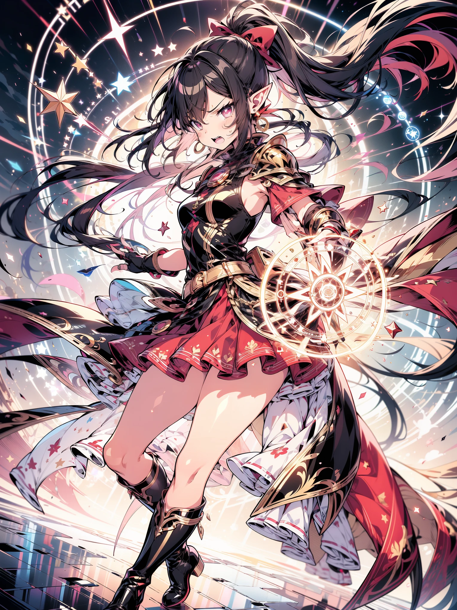 (masterpiece), side view, (best quality, ultra-high resolution, depth of field:1.2), (perfect anatomy), Fair skin, Elf girl, pink eyes, black hair in a hime hairstyle, ponytail, pink bow, gold earrings, armor, (golden armor), (long skirt:1.2), frills, high thighs boots, cape, fantasy scenery, casting a magic spell, (magic circles), (angry), open mouth
