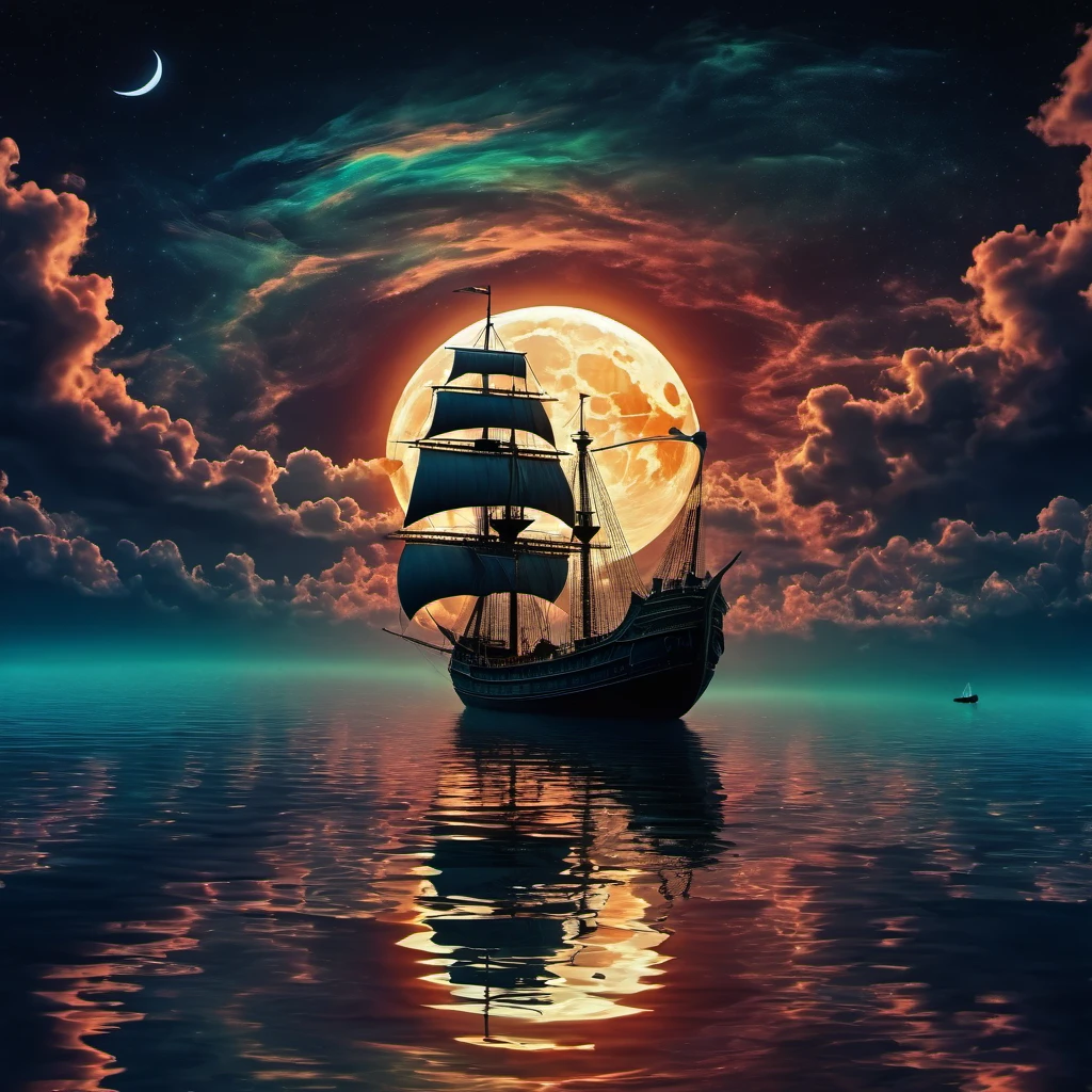 (best quality, highres, ultra sharp), magical  reflections on the water, moon, clouds, small ship, about the curvature of space time, full colored, 3d crunch, dark tones,