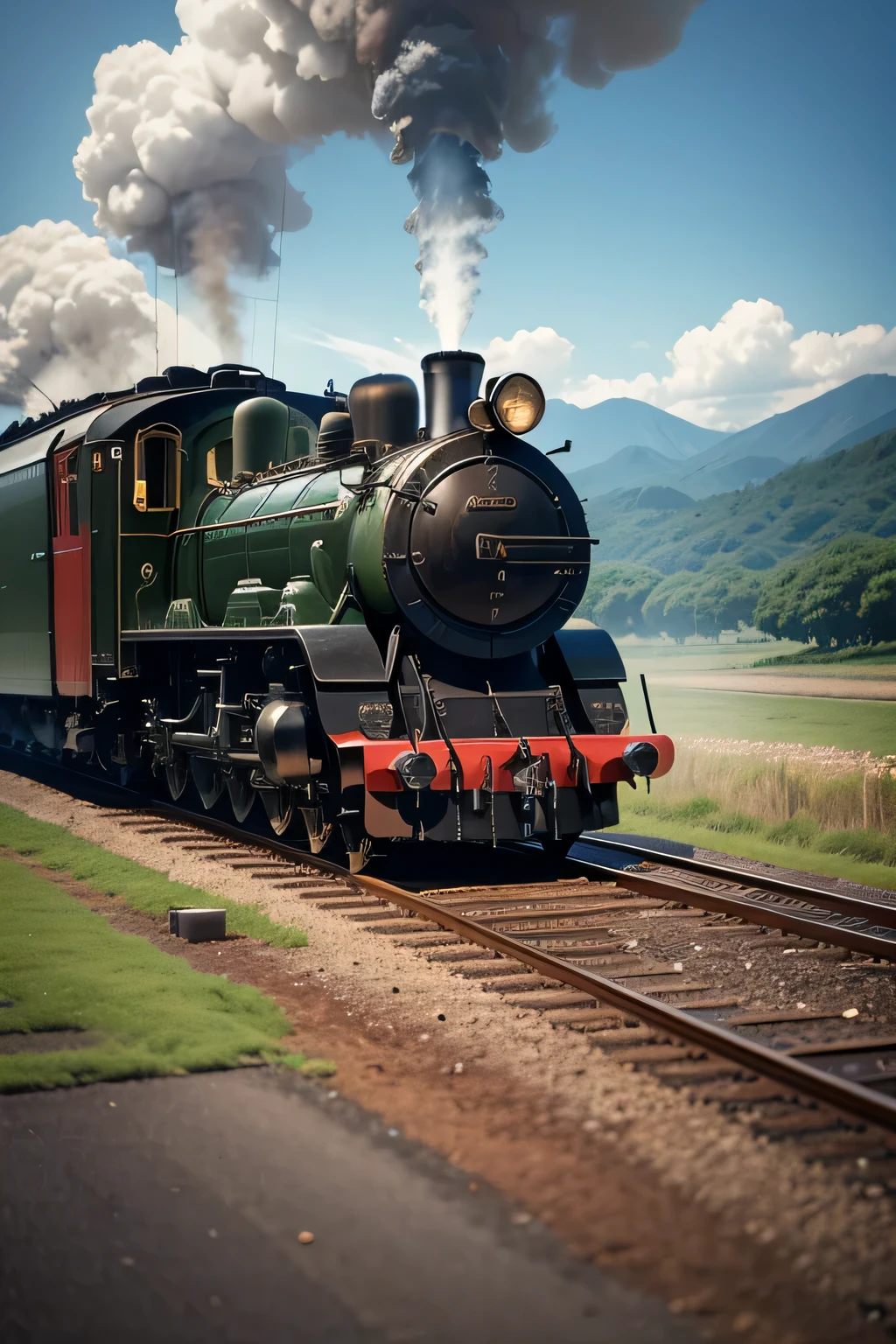 Showa steam locomotive、SL、run through the countryside、cigarette、D-51, masterpiece, 最high quality, high quality, High resolution,