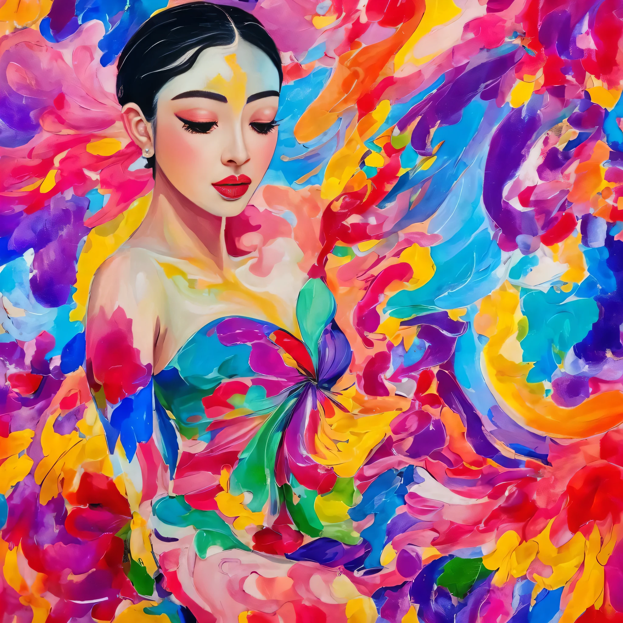 offcial art,Colorful background, A beautiful woman with delicate facial features,Flower arms, Colorful and colorful silks cover the body, The looming body, (masterpiece, top quality, best quality, official art, beautiful and aesthetic:1.2)