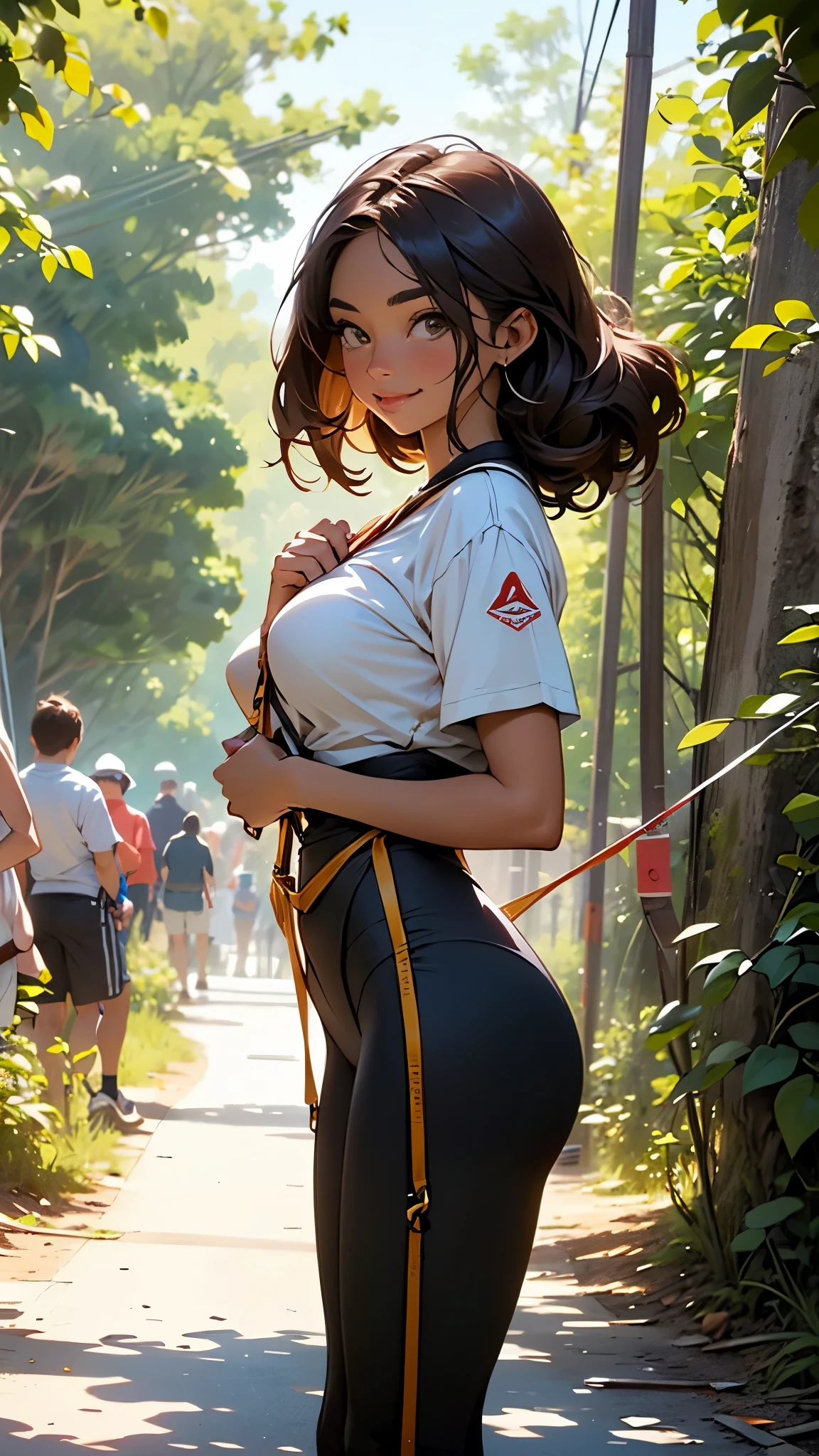 UHD, masterpiece, 1 gorgeous light brown hair woman, 23 years old, she’s a model, (beauty face:1.0), wearing a tshirt and tight sport pants, subtle smile, having great fun on a Zipline over a canyon in a forest, (in action pose:1.0), (background big zipline infrastructure with people:1.5) perfect body, perfect, hands,perfect hair, perfect breast,Kodak gold 200