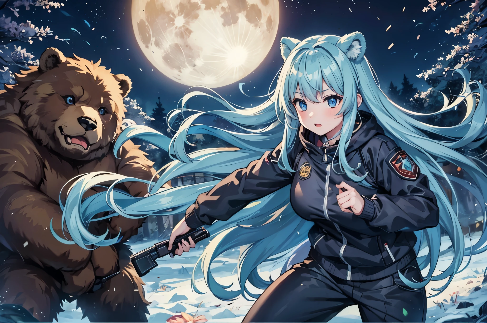 in the forest、have a hunting gun、Full moon behind、huge bear in front、Beautiful girl who looks like a cute little beast fighting、jacket and pants like a hunter、light blue long hair、