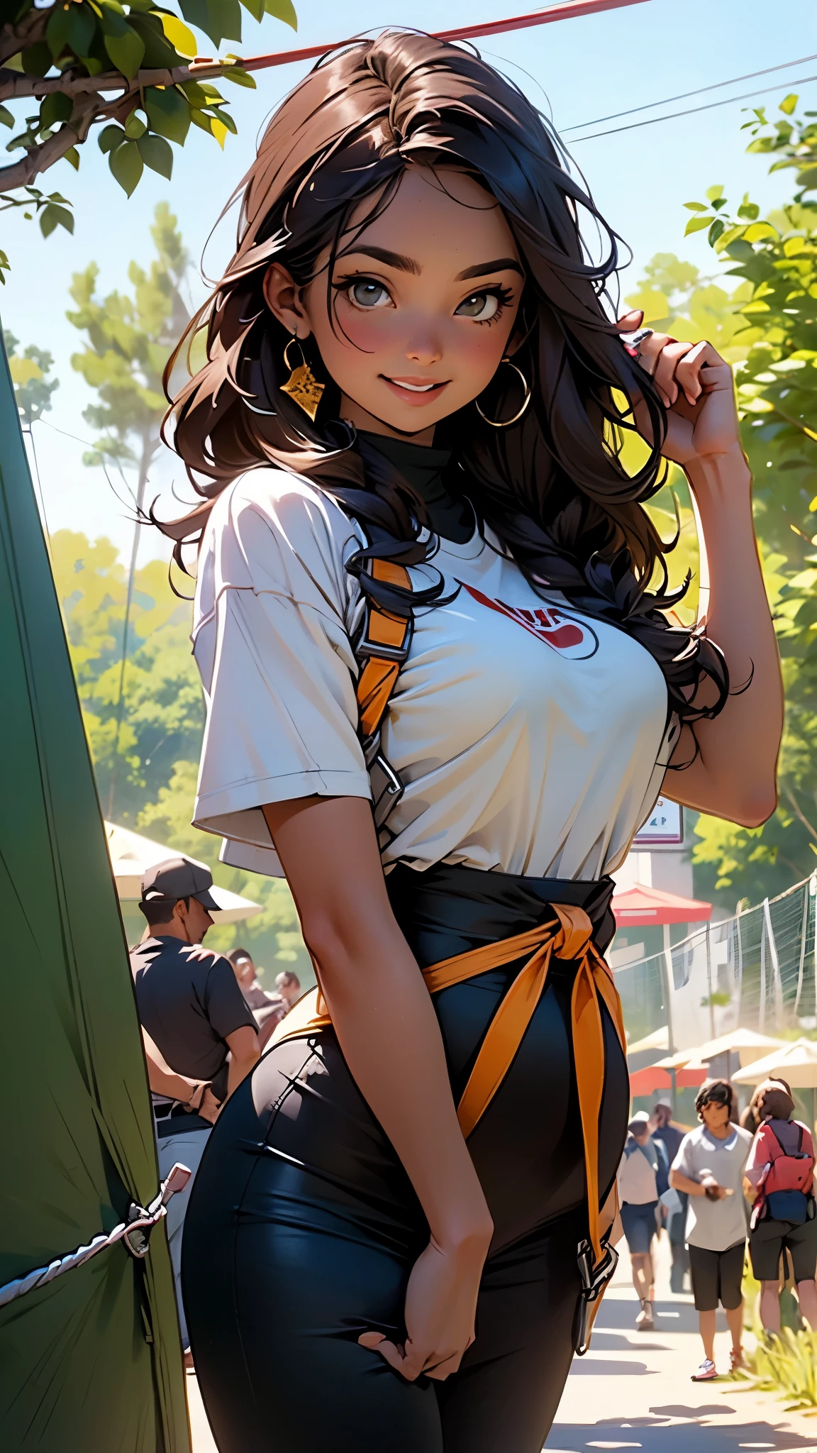 UHD, masterpiece, 1 gorgeous light brown hair woman, 23 years old, she’s a model, (beauty face:1.0), wearing a tshirt and tight sport pants, subtle smile, having great fun on a Zipline over a canyon in a forest, (in action pose:1.0), (background big zipline infrastructure with people:1.5) perfect body, perfect, hands,perfect hair, perfect breast,Kodak gold 200