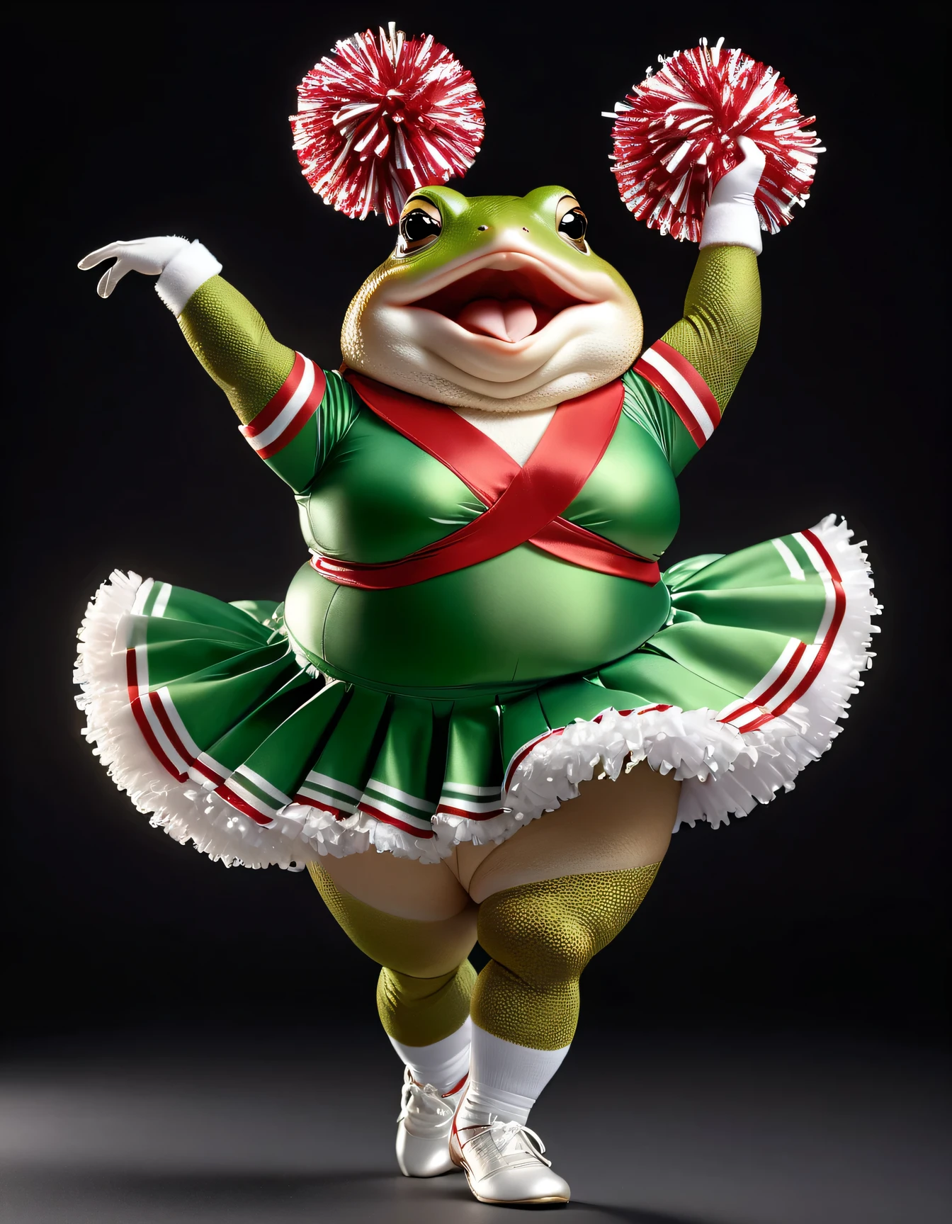 photorealistic portrait of Dressed animals - a ((fat)) toad cheerleader,(cheer dancing:2.0),(raising leg up high:2.0), high quality,(lovely) ,intricate details, highly detailed ((cheer costume)) ,highly detailed cheer clothes, holding pom-pom ,(passion) , highly detailed decorations, (happy), studio lighting,(full body image:1.5)