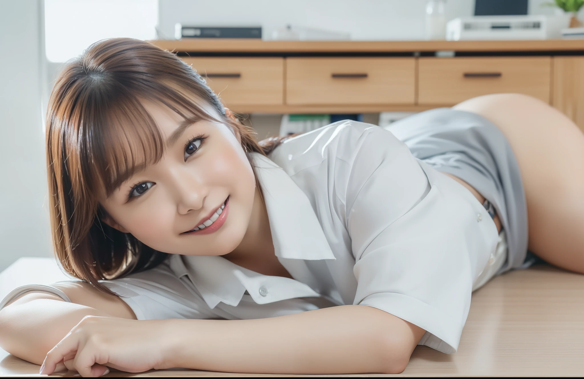 ((Best Quality, 8k, Masterpiecedetails, ultra-high resolution)), (looking at the viewer), (full shot:), attractive business 1 milf laying down on office, desk, a bit chubby:0.25, white collared shirt, grey skirt, (doggy posing on the desk)), smile, office of CEO,