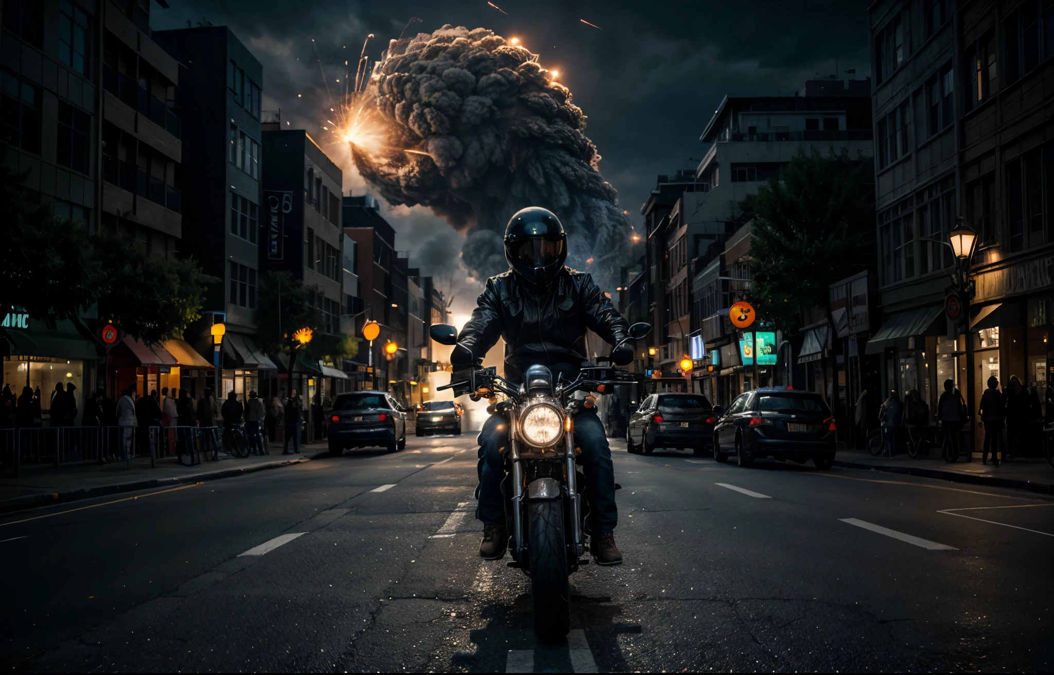 "masterpiece, wide shot, cinematic angle, a motorcycle rider driving away from laser-firing alien spaceship invasion, stunning explosion in the city street, volumetric lighting, (epic composition, epic proportion), Octane render, HD,