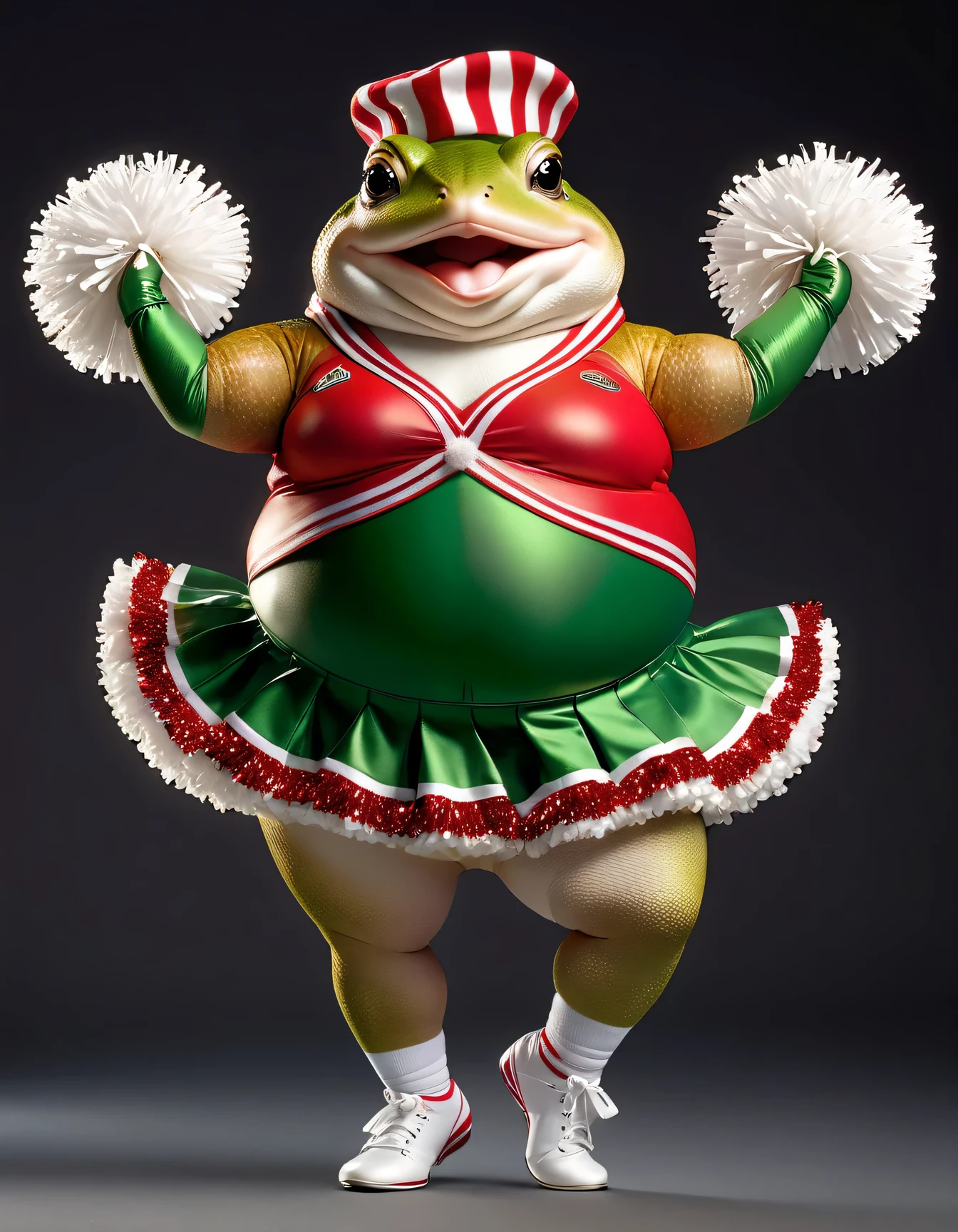 photorealistic portrait of Dressed animals - a ((fat)) toad cheerleader,(cheer dancing:2.0),(raising leg up:2.0), high quality,(lovely) ,intricate details, highly detailed ((cheer costume)) ,highly detailed cheer clothes, holding pom-pom ,(passion) , highly detailed decorations, (happy), studio lighting,(full body image:1.5)