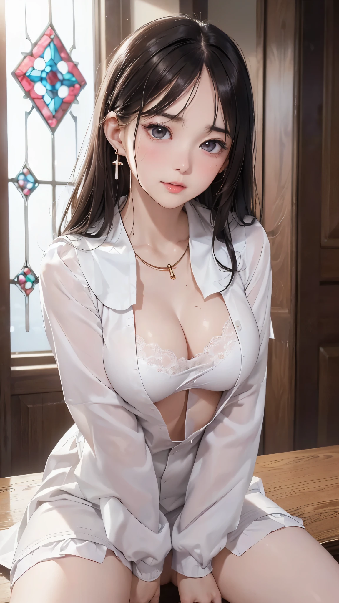 (table top: 1.3), (maximum resolution: 1.2), (Ultra HDTV: 1.2), cinematic light, 8K resolution, fine eyes and skin, detailed facial features, , (sharp focus: 1.2), (focus on face:1.2),perfect style, beautiful face, acura, anatomically correct, Highly detailed face and skin texture, fine eyes, double eyelid, thin eyebrows, glitter eyeliner: 1 natural cheeks, Glossy skin, Fair skin: 1.2, (glossy lips: 1.4),、 (embarrassed look: 1.2),Highly detailed face and skin texture, fine eyes, double eyelid, natural cheeks, , glossy lips: 1.4,exposed cleavage、collected sperm、Overflowing sperm、flowing sperm、 blush、humiliating、impatience、It was too disappointing、It was scary、glare、sexual excitement、provocation、embarrassing、please open your knees、open your legs、 white underwear、white bra、Sparkling small earrings and necklace、disheveled clothes、exposed panties、Sweat、thin underwear、stockings、 28 years old, A neat and clean woman,1 person、 upturned chest, church、Stained glass,(monastic uniform:1.3)、disgusting face、