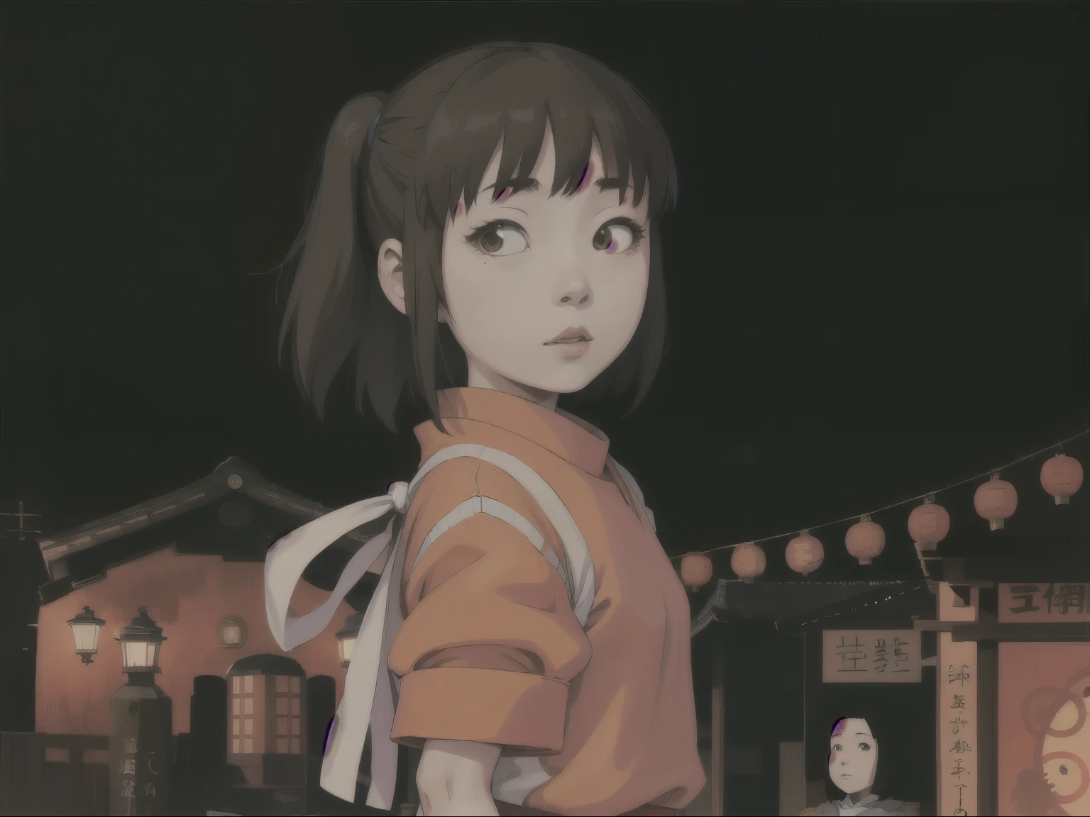 a close up of a japanese girl standing in front of a building, ghibli spirited away vibe, spirited away, style inhyper realisrtic,  close up of lain iwakura, 