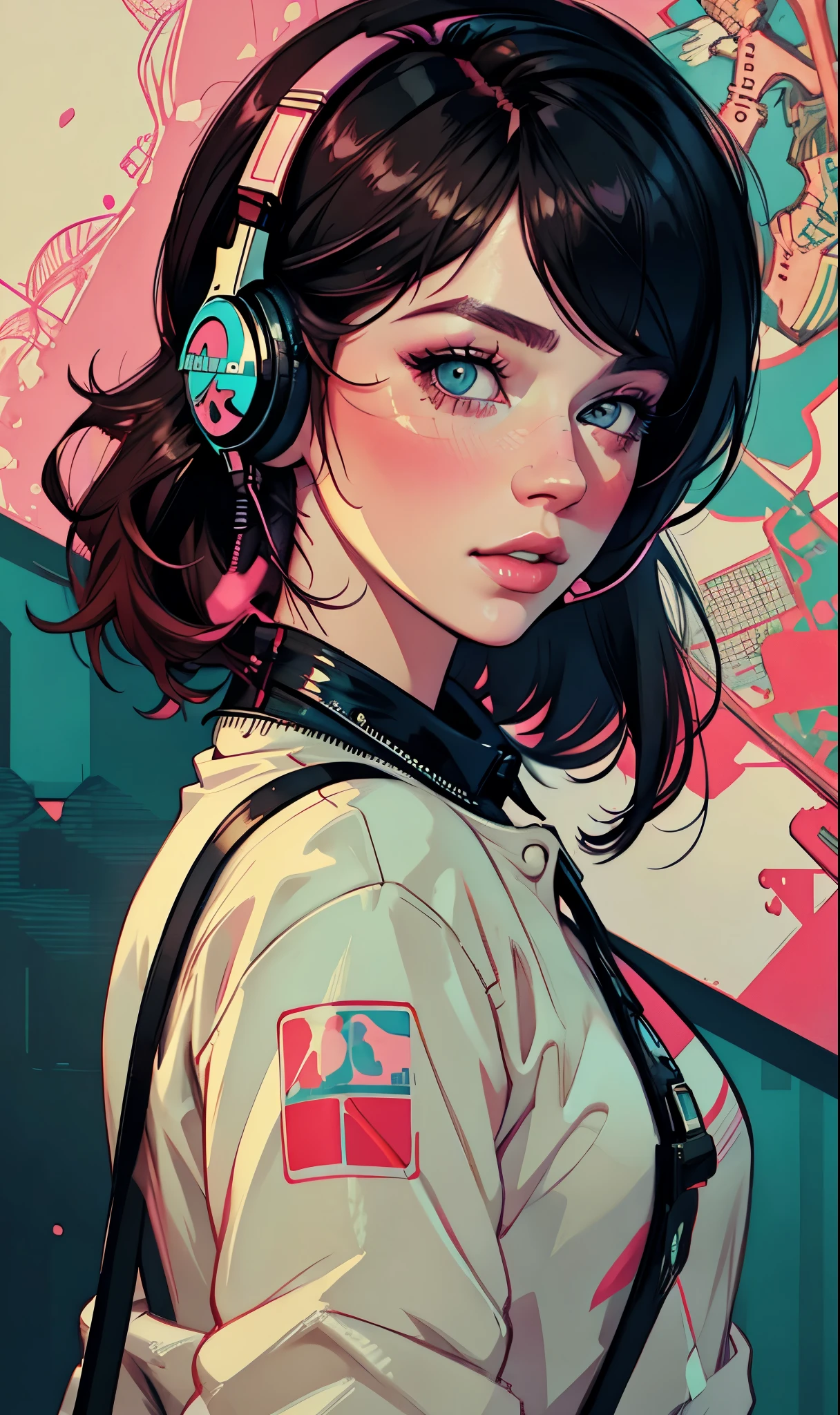 model girl wearing headphones, city background, intricate details, aesthetically pleasing pastel colors, poster background, art by conrad roset and ilya kuvshinov