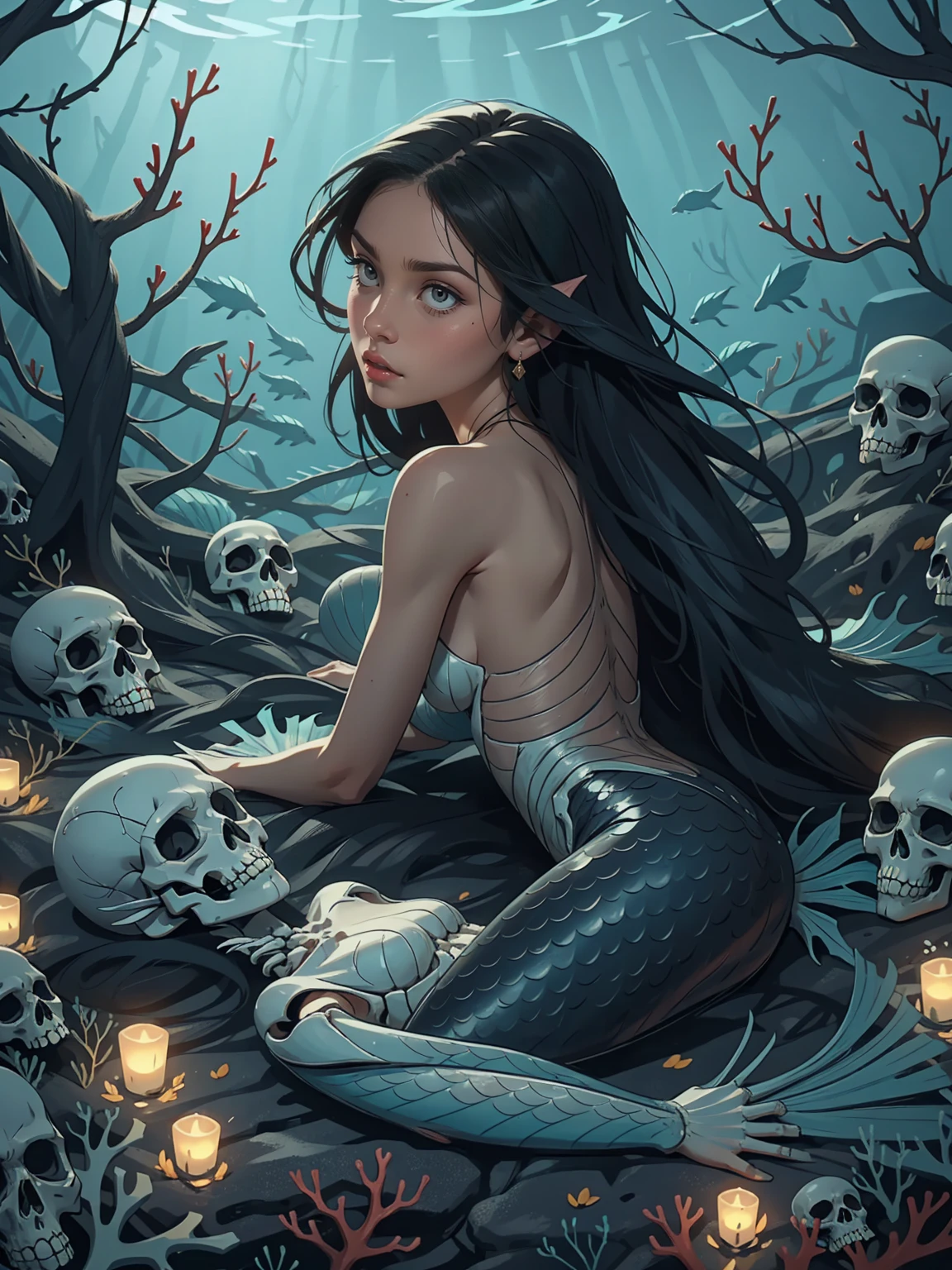 {-erro_de_anatomia:1.0} woman 30 years old, underwater, skeleton, corpse,Under the sea, where coral tendrils and vines abound, a woman (mermaid), long black hair looks at you amidst a pile of bones and skulls.Indifferent look , merciless. Lying among the skulls. backwards, With his face resting on his own shoulder, looking back.