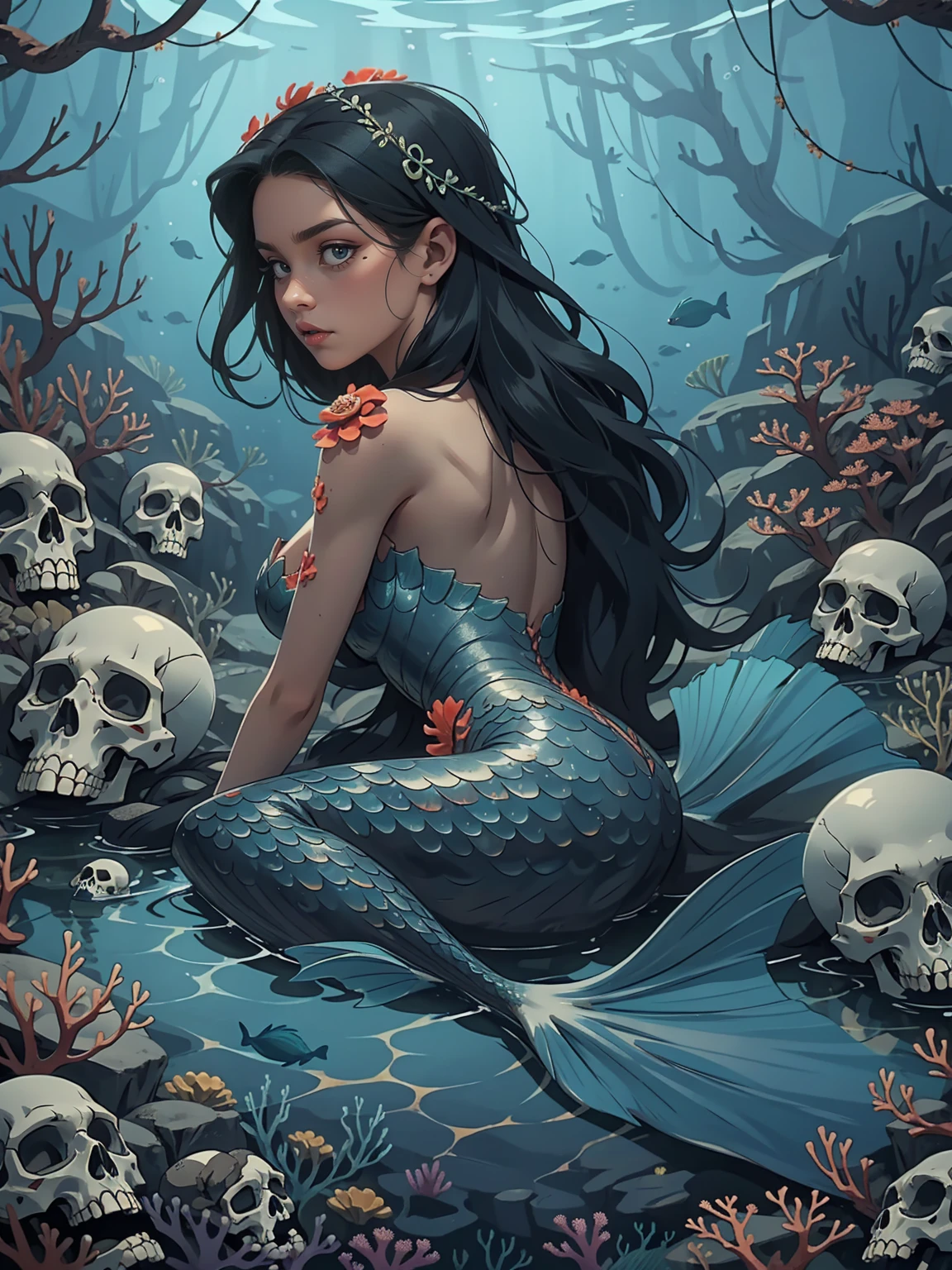 {-erro_de_anatomia:1.0}  woman 30 years old, underwater, skeleton, corpse,Under the sea, where coral tendrils and vines abound, a woman (mermaid), long black hair looks at you amidst a pile of bones and skulls.Indifferent look , merciless. Lying among the skulls. With his face resting on his own shoulder, looking back.