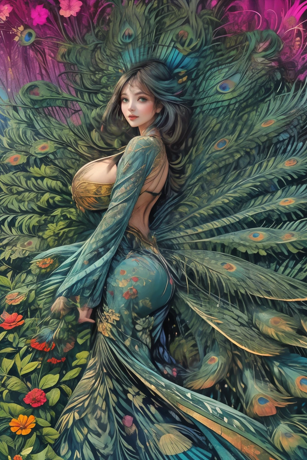 peacock rainbow tail, (lots of peacock tails), large peacock pattern, gold and blue peacock tail, Brighter, magazine cover, giga_busty