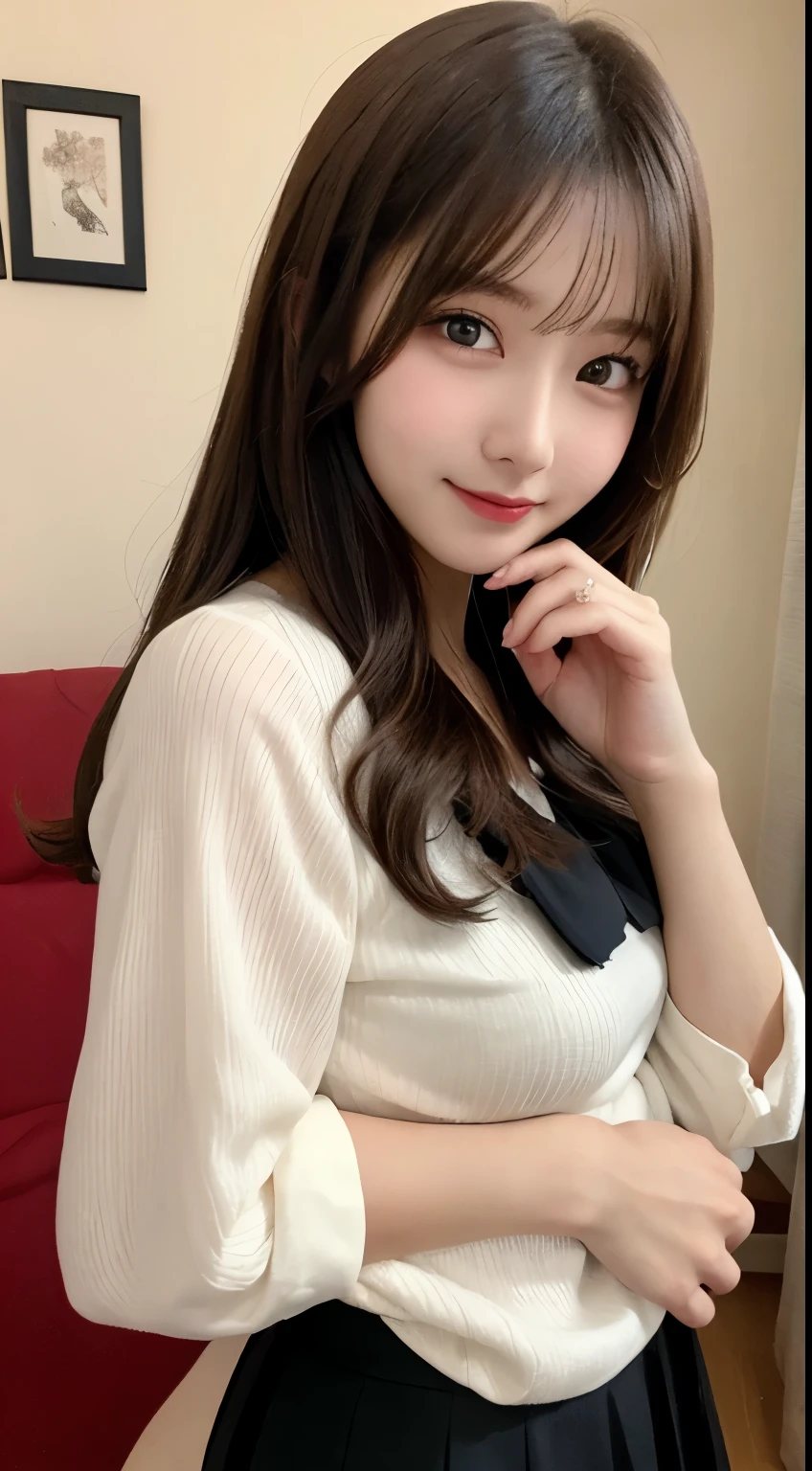 table top, highest quality, shape, Super detailed, finely, High resolution, 8k wallpaper, 完璧なダイナミックな構shape, beautiful and detailed eyes, small breasts, natural color lip, ランダムなsexy pose,smile,20 year old girl、Beautiful and dense face、perfect and beautiful face,Big eyes、real photos（best image quality）,cute face、cute、blouse(black)、pleated skirt、Blurred tower apartment living room background、sexy pose