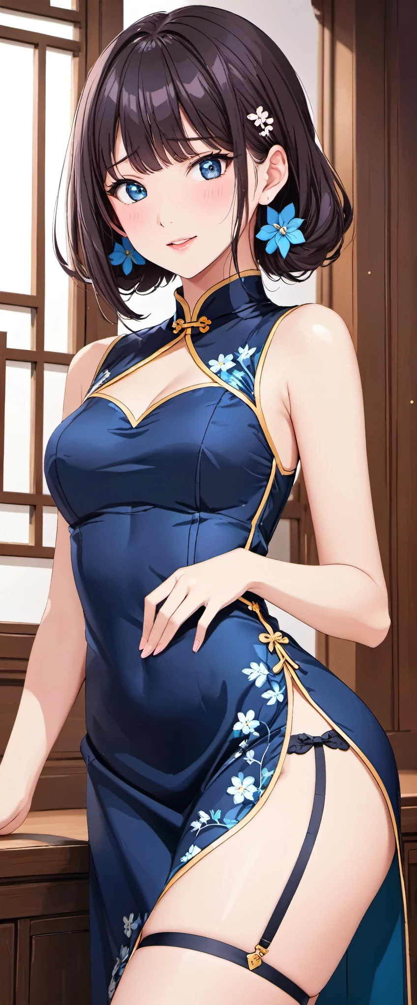 High resolution, adult woman , good lighting, despicable, , (No nudity), (((shiny cheongsam))), (()), ((())), (garter belt), abdomen only, (),  ,  cute face, I&#39;m embarrassed and blush, humiliating, ((turn around and look back)), (T-back)(a large amount of  is on the body,)