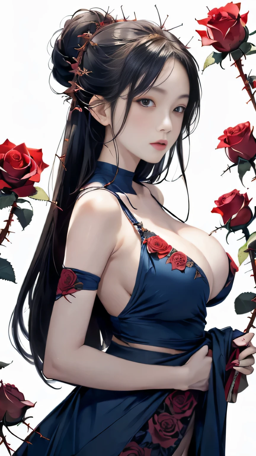 (((masterpiece))),((highest quality)),one beautiful japanese girl,pale, (A character who personifies a rose: 1.5), (Her hair is a thorny rose stem:1.5)、(big breasts:1.5)、(belly button)、(clothes made from rose leaves:1.5)),(private server), (exposure of skin),(The background is a garden:1.5).(((from the front:1.5)))、(straight front: 1.5)、(Thorny rose stems wrap around the body:1.5)、(Blue rose:1.5)、night、adult