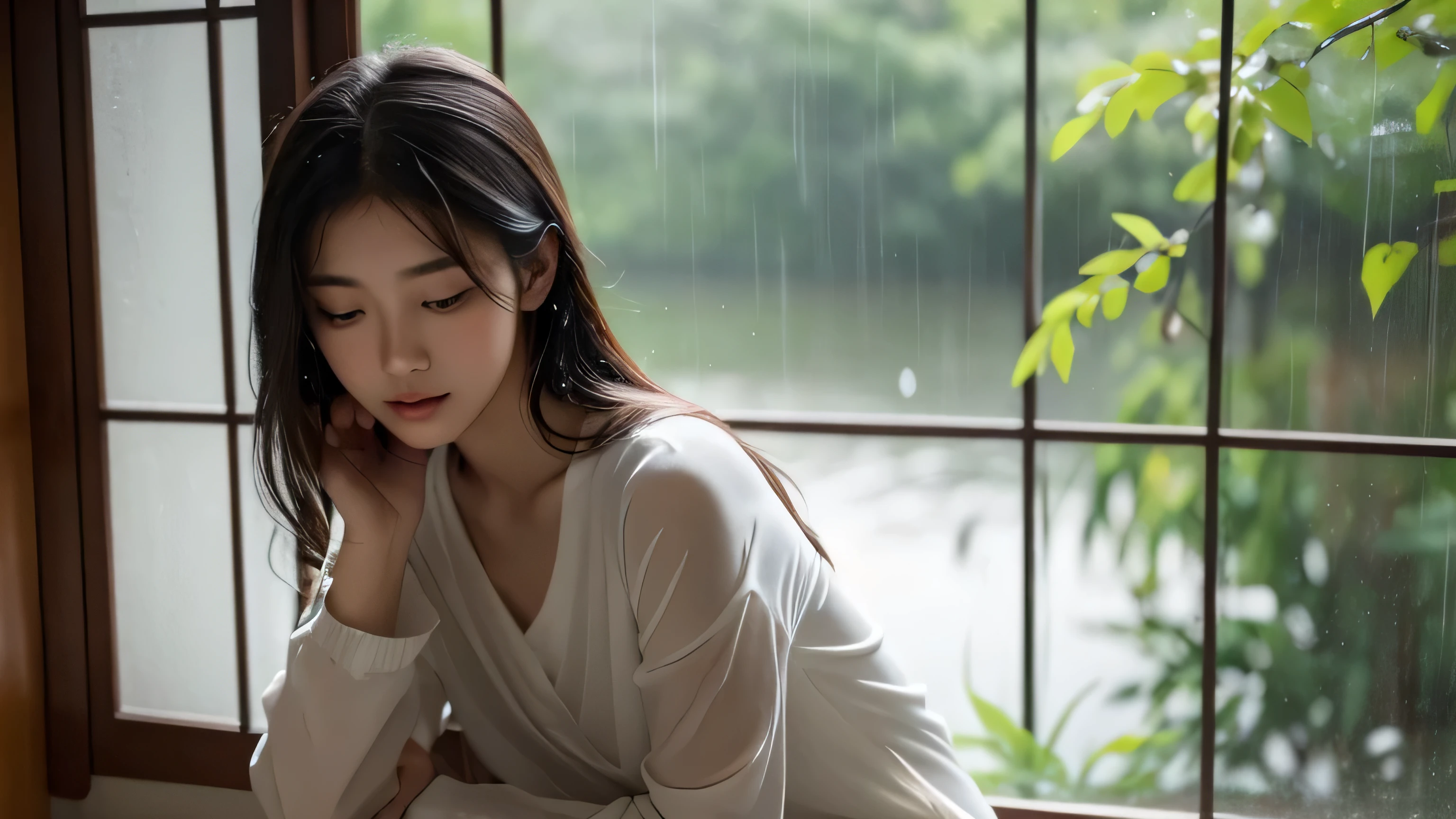 Generate an image of a serene 20-year-old Asian woman seated gracefully by a window, surrounded by the gentle patter of raindrops. Envision a scene with a chill vibe, where the atmosphere is imbued with a sense of tranquility and contemplation. The sky outside the window should be dark, yet subtly illuminated by the ambient light, casting a serene glow on the girl's features. Capture the beauty of the moment as she gazes out pensively, perhaps lost in thought, amidst the soothing ambiance of the rain-soaked surroundings.