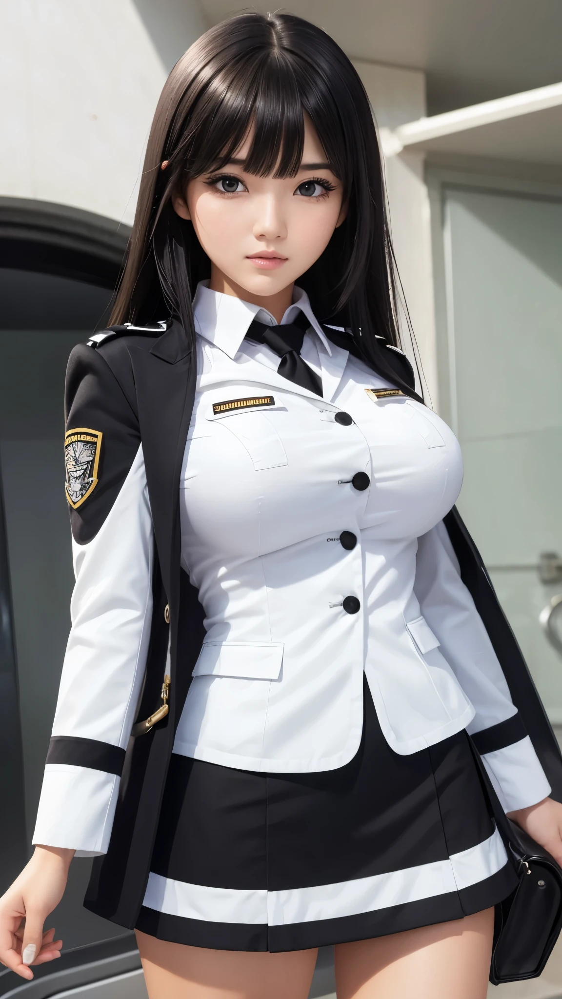 ((best quality)), ((muste piece)), (detailed face), (highlight), girl、big breasts、blunt bangs、black hair、combat uniform、skirt、