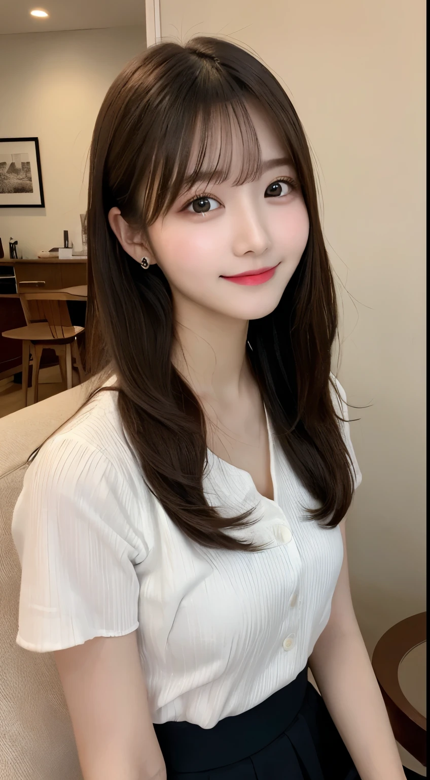table top, highest quality, shape, Super detailed, finely, High resolution, 8k wallpaper, 完璧なダイナミックな構shape, beautiful and detailed eyes, small breasts, natural color lip, ランダムなsexy pose,smile,20 year old girl、Beautiful and dense face、perfect and beautiful face,Big eyes、real photos（best image quality）,cute face、cute、blouse(black)、pleated skirt、Blurred tower apartment living room background、sexy pose