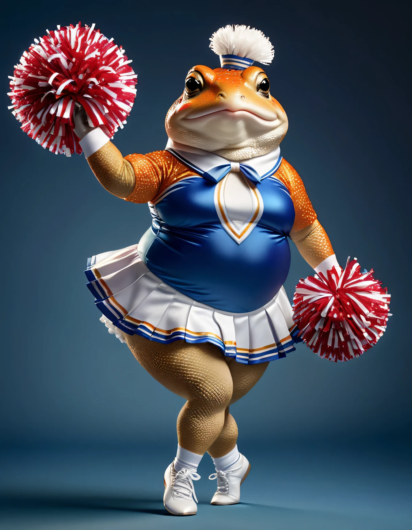 photorealistic portrait of Dressed animals - a ((fat)) toad cheerleader,(cheer dancing:2.0),(leg up:2.0), high quality,(lovely) ,intricate details, highly detailed ((cheer costume)) ,highly detailed cheer clothes, holding pom-pom ,() , highly detailed decorations, (happy), studio lighting,(full body image:1.5)