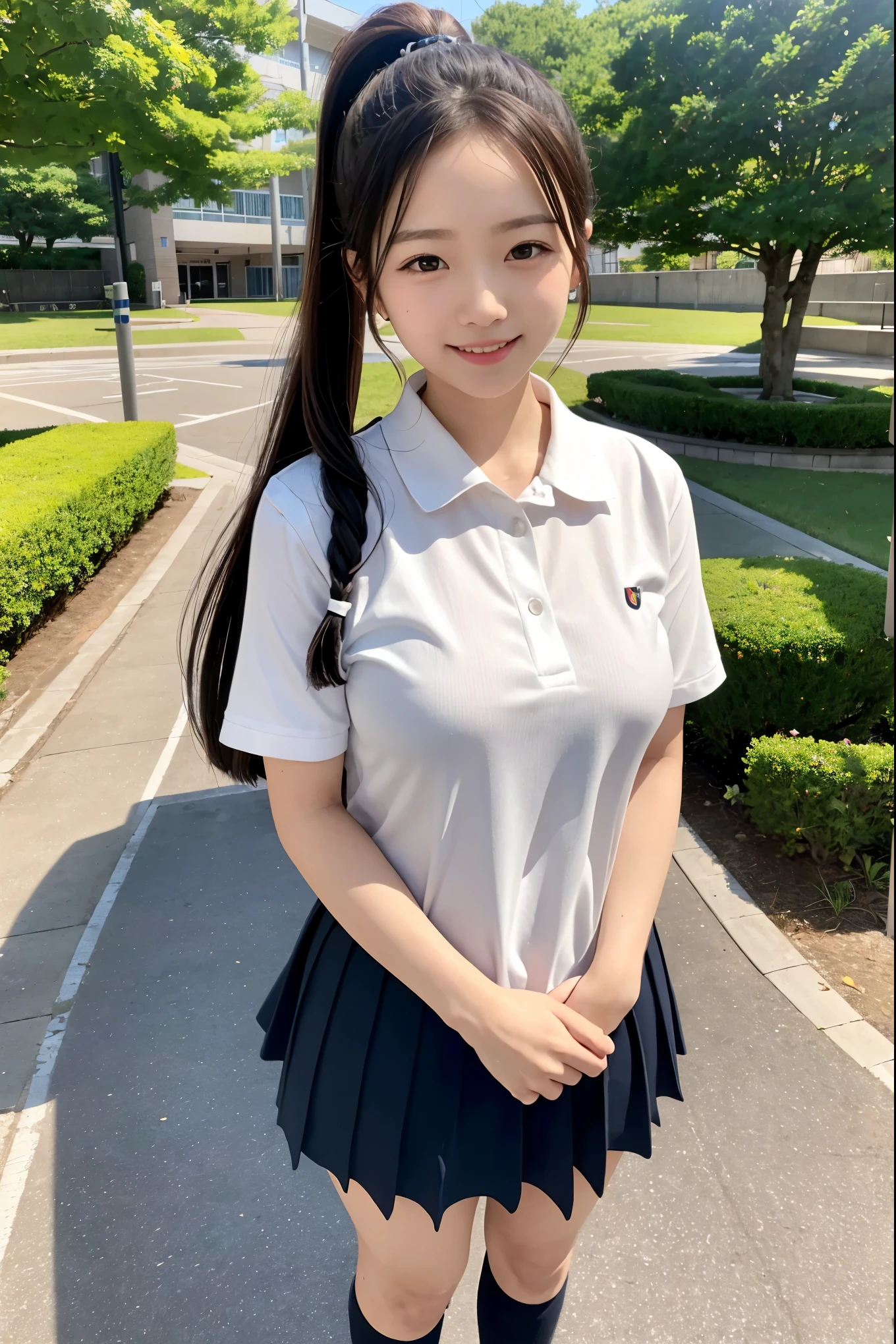Realistic、masterpiece、highest quality、Highest image quality、one woman、ponytail、natural makeup、Smiling embarrassedly、Today is the graduation ceremony for Japanese high school girls.、Commemorative photo taken in the school courtyard、wearing black 、wearing white socks and black loafers