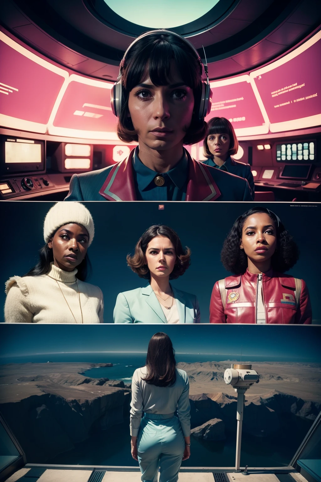 4k image from a 1970s science fiction film, imagem real, Estilo Wes Anderson, pastels colors, a man between two women wearing retro-futuristic fashion clothes and futuristic technological ornaments and devices, Luz Natural, cinemactic, Psicodelia, futurista estranho, retro-futurista,