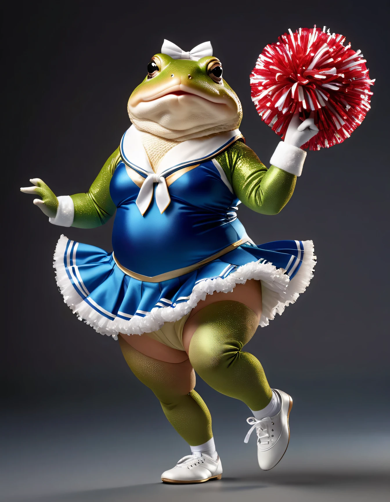 photorealistic portrait of Dressed animals - a ((fat)) toad cheerleader,(cheer dancing:2.0),(1leg up:2.0), high quality,(lovely) ,intricate details, highly detailed ((cheer costume)) ,highly detailed cheer clothes, holding pom-pom ,() , highly detailed decorations, (happy), studio lighting,(full body image:1.5)