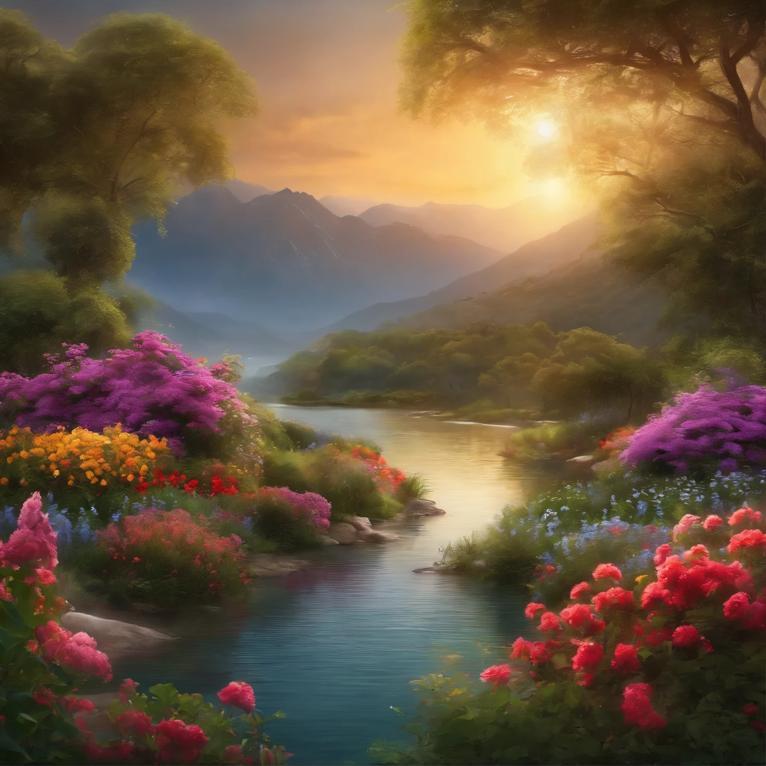 landscape, flowers, bush, water,(Extremely detailed CG unified 8k wallpaper), The most beautiful works of art in the world, Professional majestic oil painting, complex, High resolution, sharp focus, dramatic, lifelike, Art, surreal