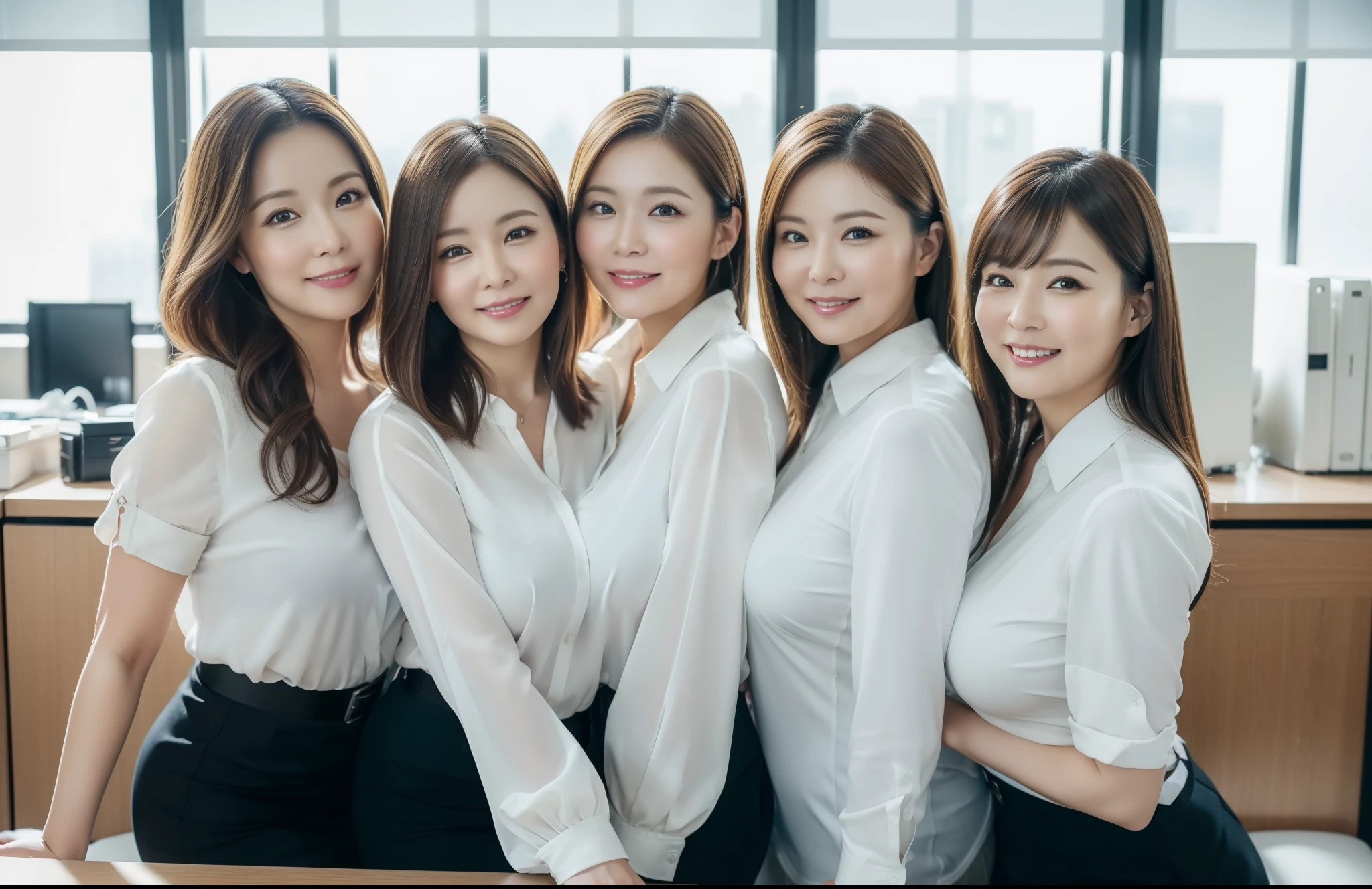 ((Best Quality, 8k, Masterpiecedetails, ultra-high resolution)), (group picture),(looking at the viewer), (full shot:), attractive business 5 milfs, 5 people, a bit chubby:0.15, seductive expression, (sitting on office desks)), smile, office of CEO,