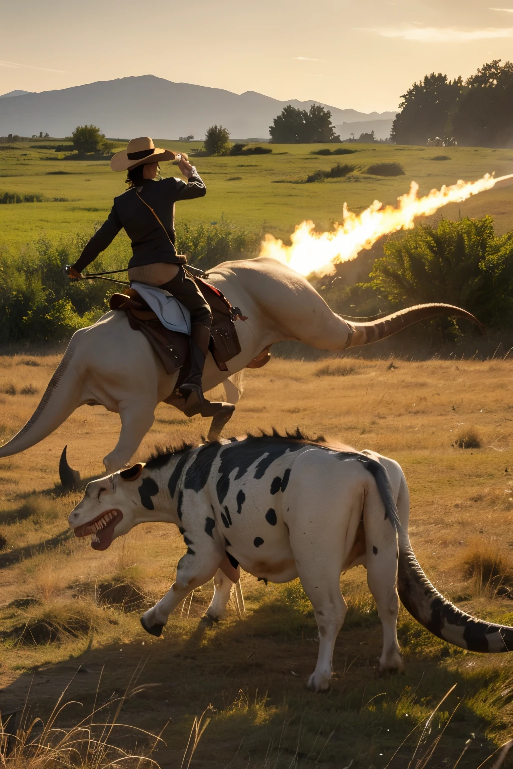a cow,A picture of a duel with a dinosaur
