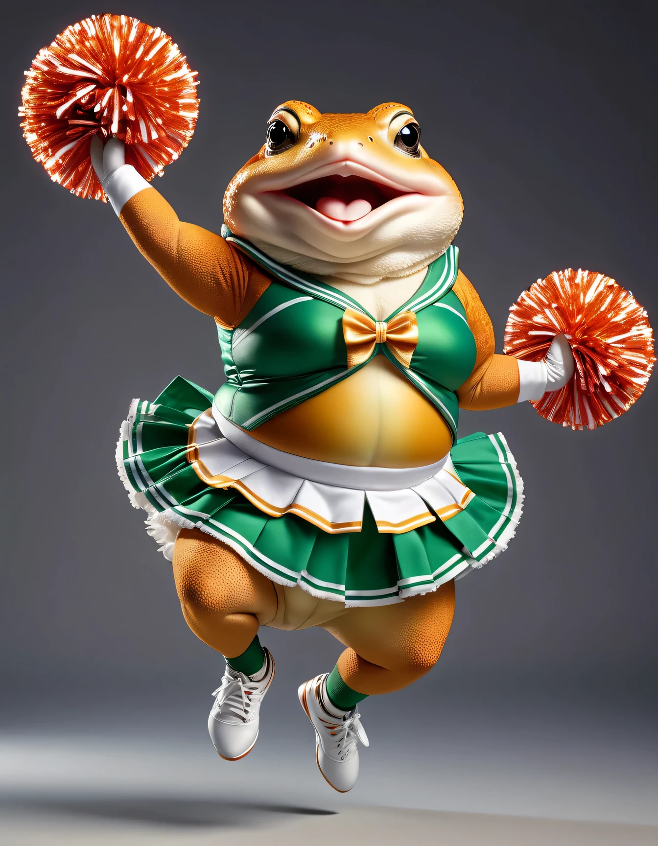 photorealistic portrait of Dressed animals - a ((fat)) toad cheerleader,(cheer dancing:2.0),(dynamic jumping pose:2.0), high quality,(lovely) ,intricate details, highly detailed ((cheer costume)) ,highly detailed cheer clothes, holding pom-pom ,() , highly detailed decorations, (happy), studio lighting,(full body image:1.5)